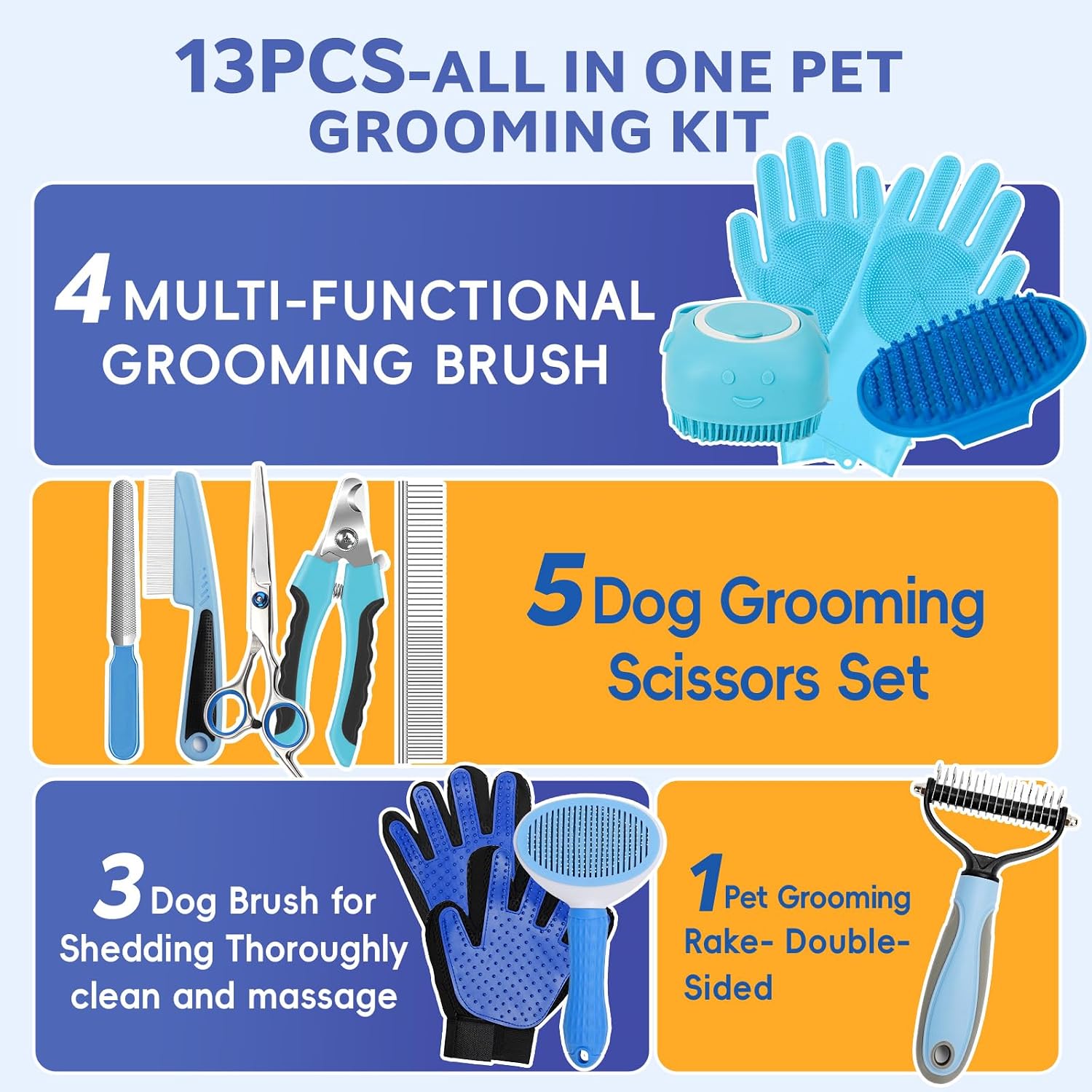 Dog Brush for Shedding 13pcs Bath Grooming Kit with Pet Nail Clipper and File - Dog Bath Brush Cat Grooming Supplies, Dematting Comb Bath Brush Shampoo Scrubber for Dogs and Cats - Image 2