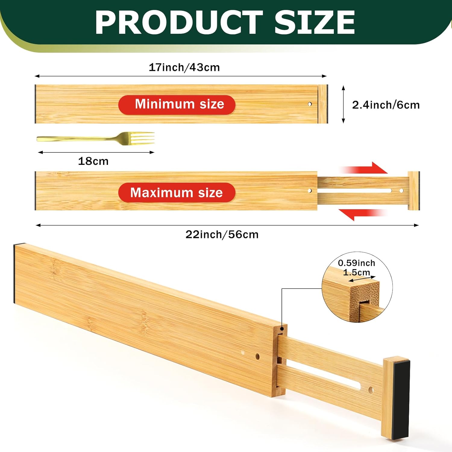 Lzerking Kitchen Drawer Dividers 6 Pack Bamboo Drawer | 17-22" Adjustable, Spring Loaded, Expandable Utensil Organizer, Works in Kitchen, Dresser, Closet, Bathroom, Bedroom - Image 2