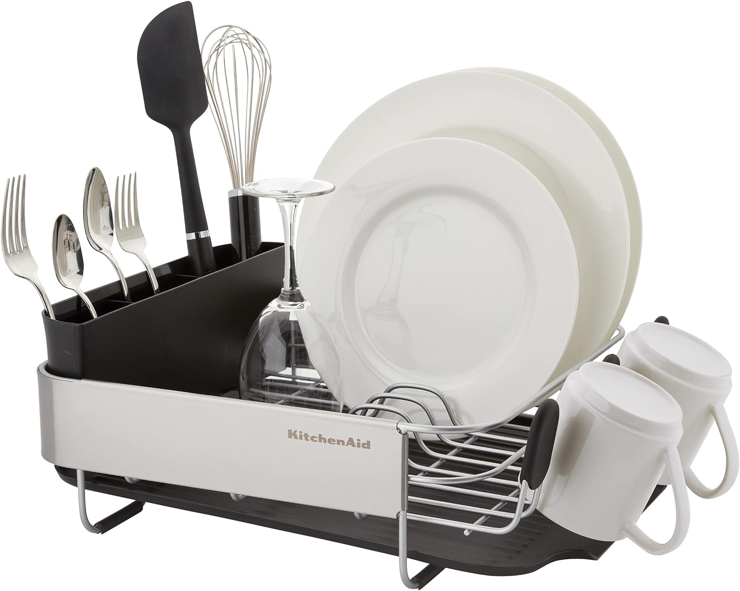 KitchenAid Compact, Space Saving Rust Resistant Dish Rack with Removable Flatware Caddy and Angled Self Draining Drainboard, 16.06-Inch, Black - Image 3