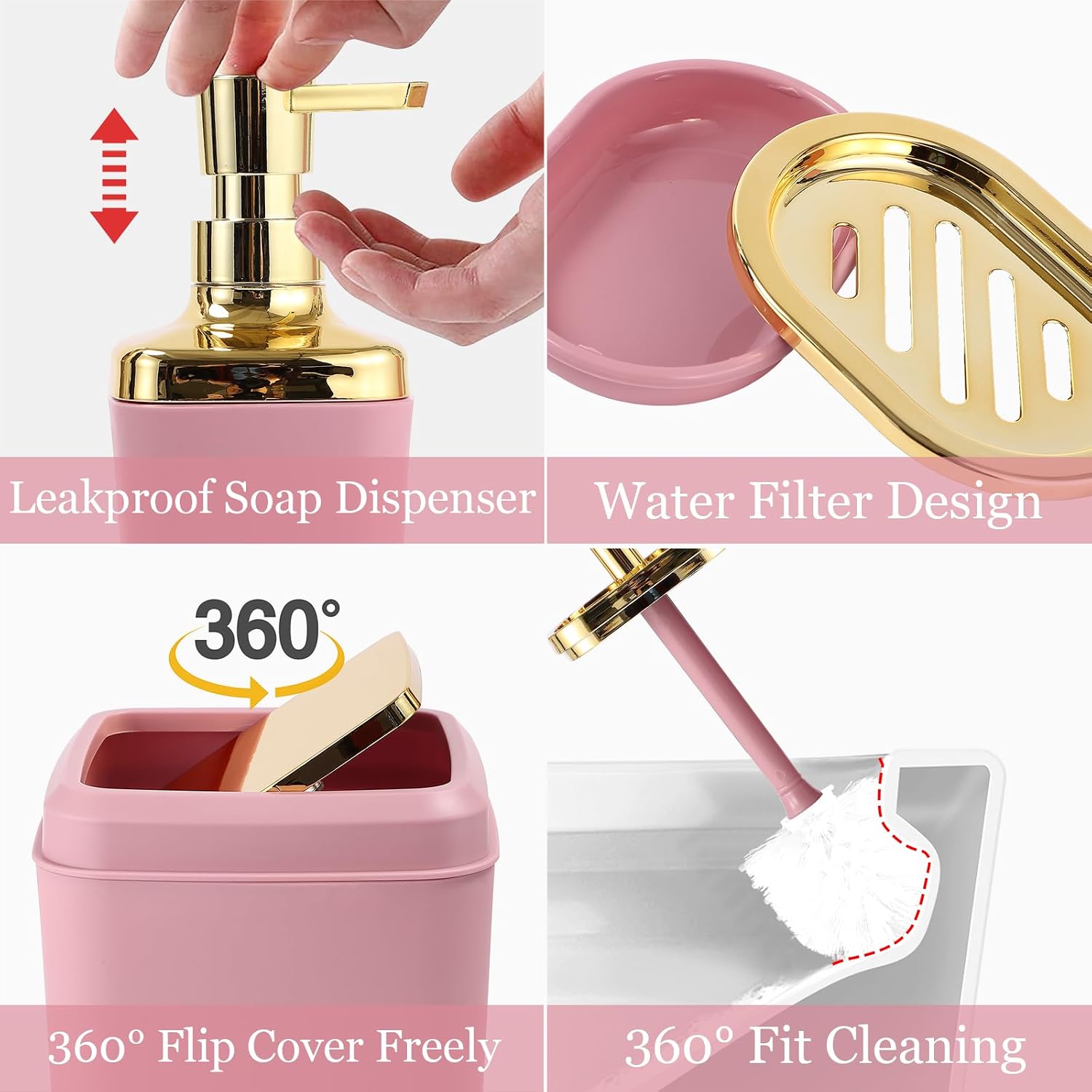 XLHOMO Bathroom Set - Pink and Gold Bathroom Accessories Set, Bathroom Sets with Shower Curtain and Rugs, Pink Shower Curtain Set with Bathroom Trash Can, Soap Dispenser, Soap Dish for Home Decor - Image 4