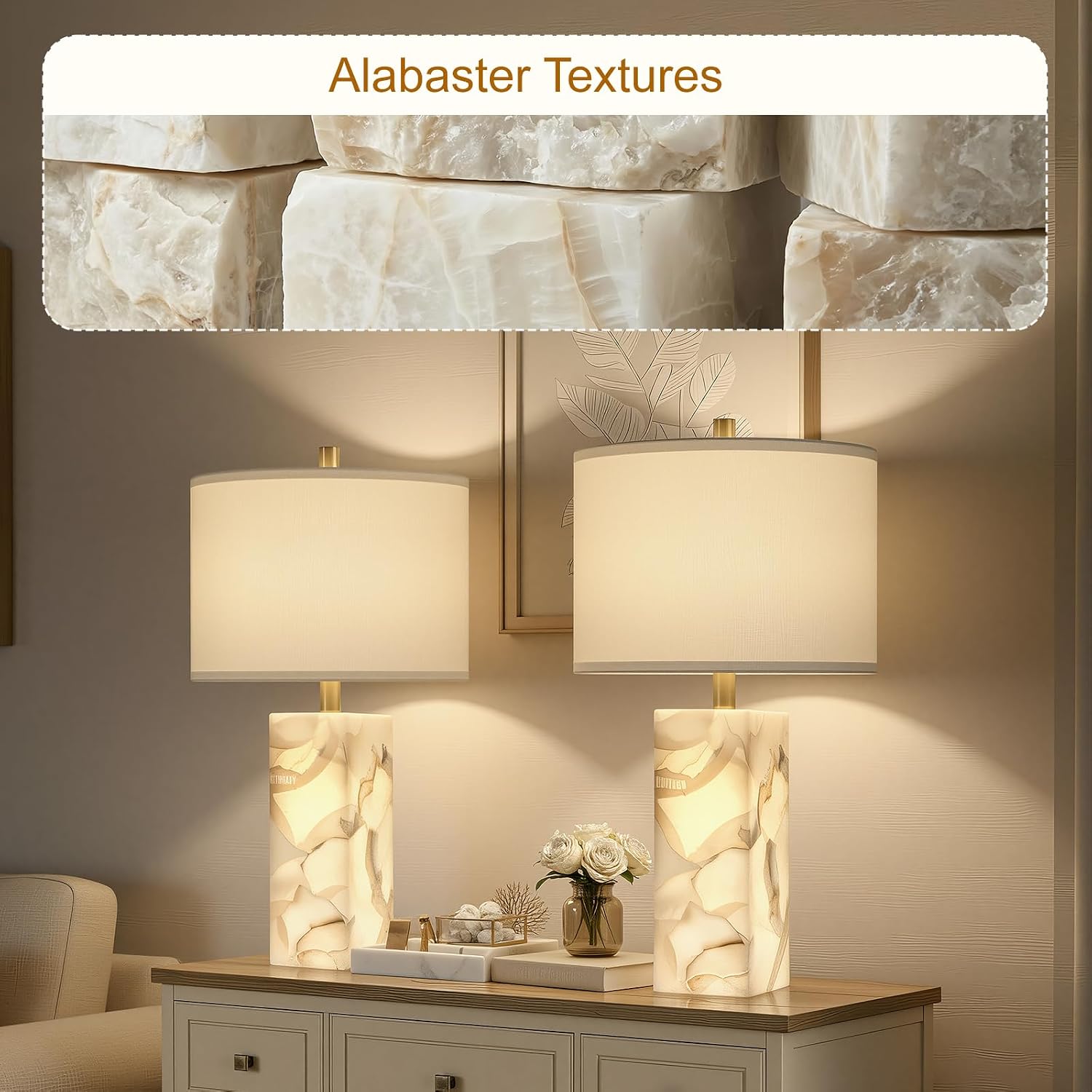 Scenekoy Alabaster Table Lamp Set of 2 with Night Light for Bedroom Living Room, 23" Rotary Switch Bedside Lamp with Linen Shade, Modern Nightstand Lamps for Room Office Dorm (Bulb Included) - Image 6
