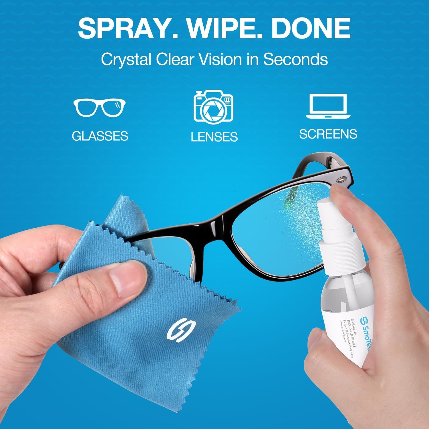 SmoTecQ Glasses Cleaner Kit – Alcohol-Free, Plant-Based Spray + Ultra-Soft Microfiber Cloths for Eyeglasses, Screens & Cameras – 2 x 2oz Spray Bottles + 2 Cloths + Travel Pouch Set - Image 2