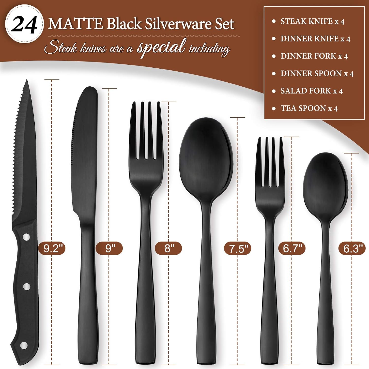 Hiware 24 Pieces Matte Black Silverware Set with Steak Knives for 4, Stainless Steel Flatware Utensils Set, Hand Wash Recommended - Image 2