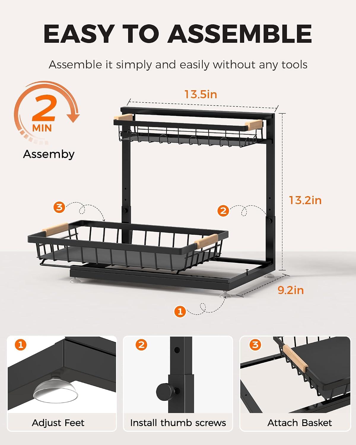 Sevenblue 2-Pack 2-Tier Height Adjustable Under Sink Organizer & Storage | Multi-purpose storage for kitchen & bathroom cabinet. Large black shelf, height adjustable design for space-saving. - Image 9