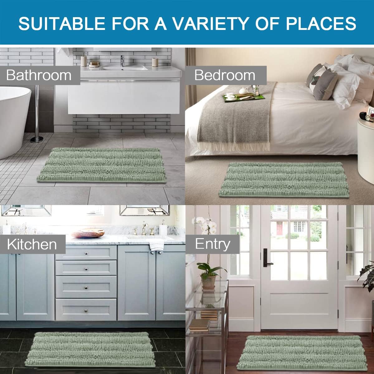 H.VERSAILTEX Sage Bathroom Rugs, Bath Mat Set of 2 Extra Thick Chenille Striped Pattern Shaggy Bath Rugs for Bath Room, Non Skid Bath Mats for Bathroom Floor (32 x 20 Plus 24 x 17 - Inches) - Image 6