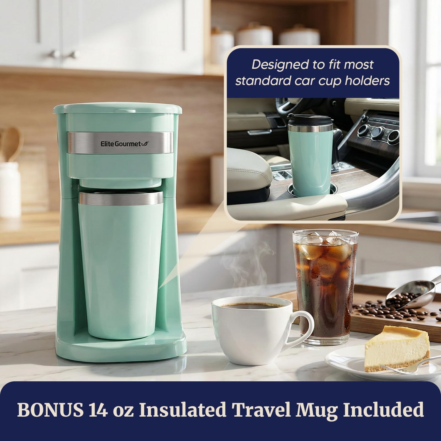 Elite Gourmet EHC113M Personal Single-Serve Compact Coffee Maker Brewer Includes 14Oz. Stainless Steel Interior Thermal Travel Mug, Compatible with Coffee Grounds, Reusable Filter, Mint - Image 6