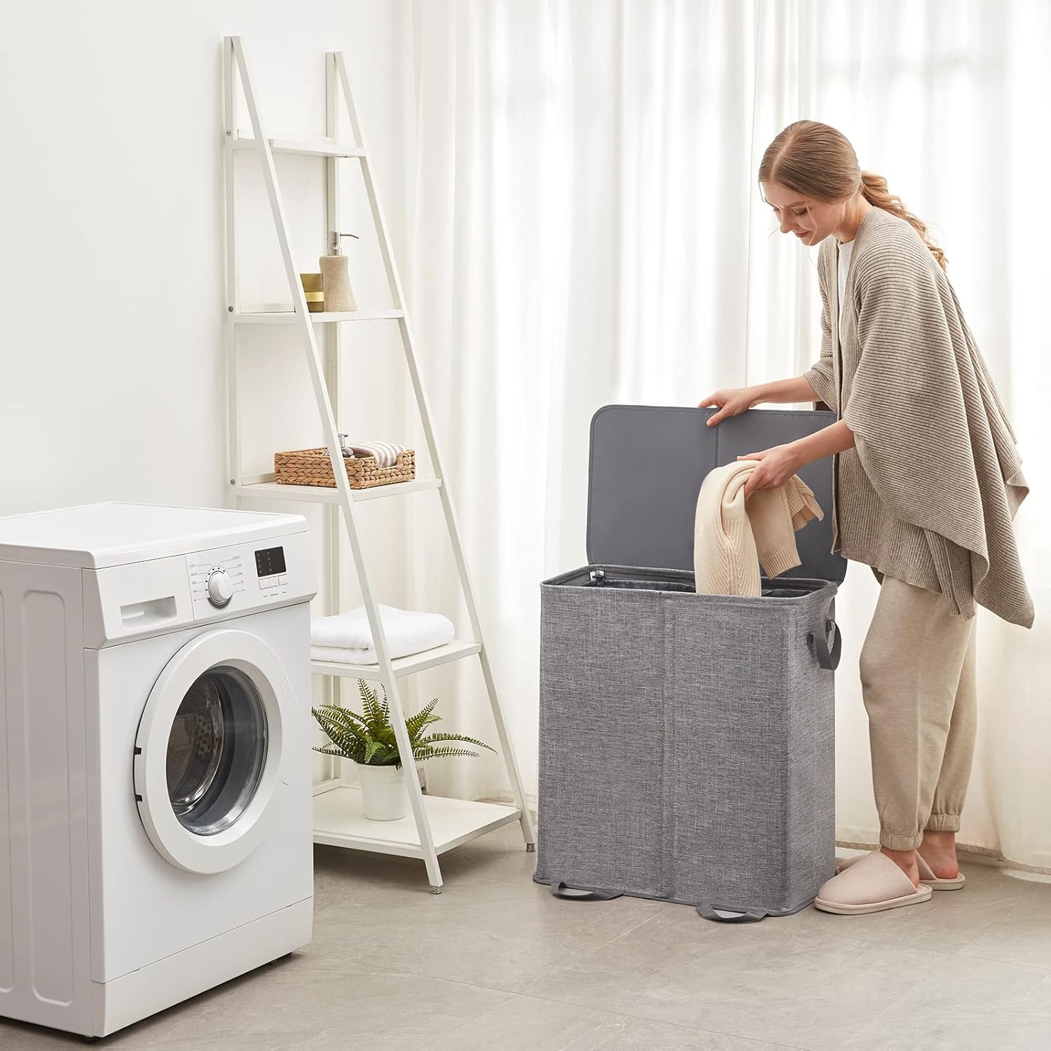 Lifewit Double Laundry Hamper with Lid and Removable Laundry Bags, Large Collapsible 2 Dividers Dirty Clothes Basket with Handles for Bedroom, Laundry Room, Closet, Bathroom, College, 136L Gray - Image 7
