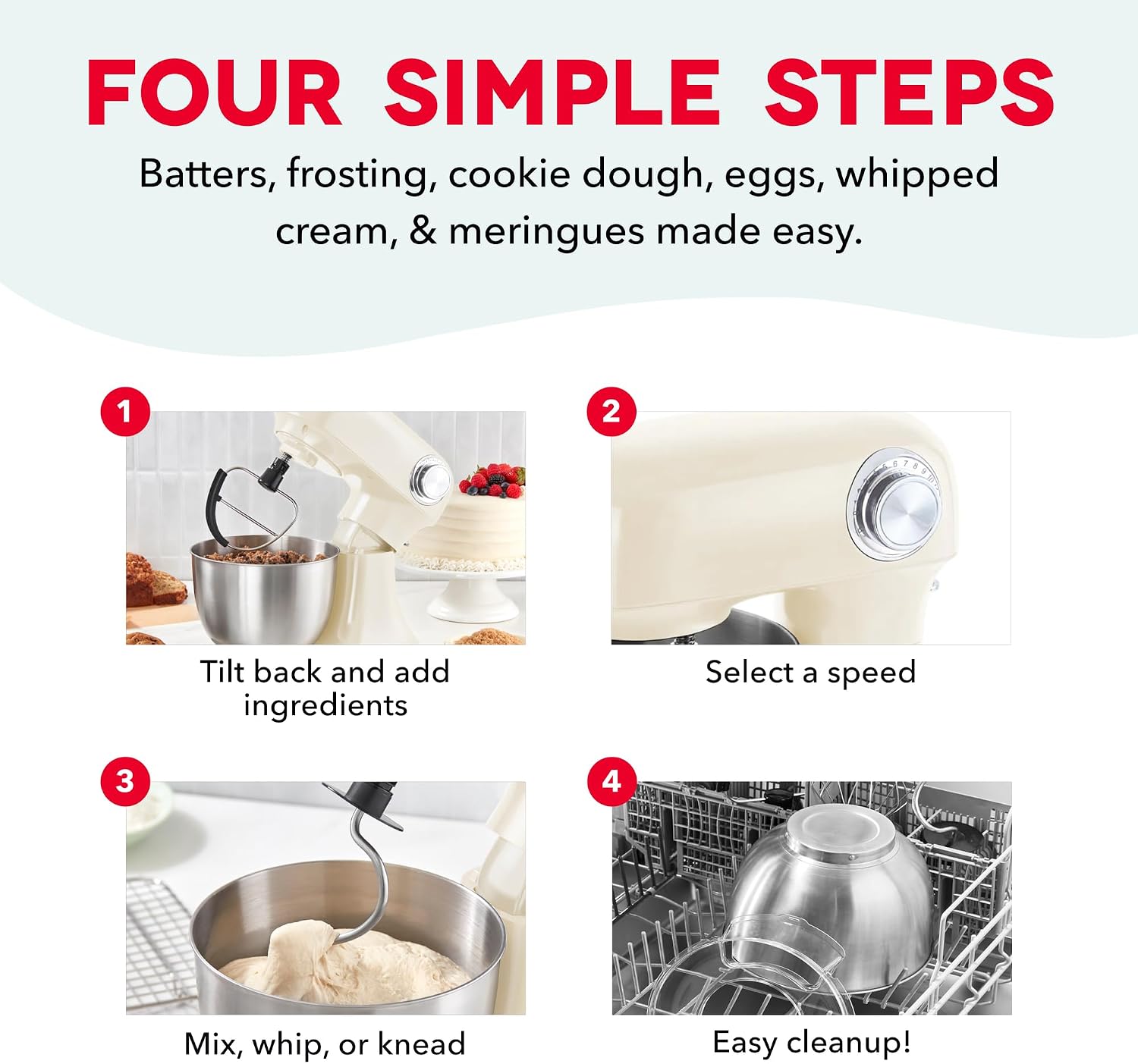 Dash 3.5QT Tilt-Head Stand Mixer - Electric Stand Mixer with Stainless Steel Bowl and Splash Guard For Baking - Cream, 3.5-Quart - Image 6