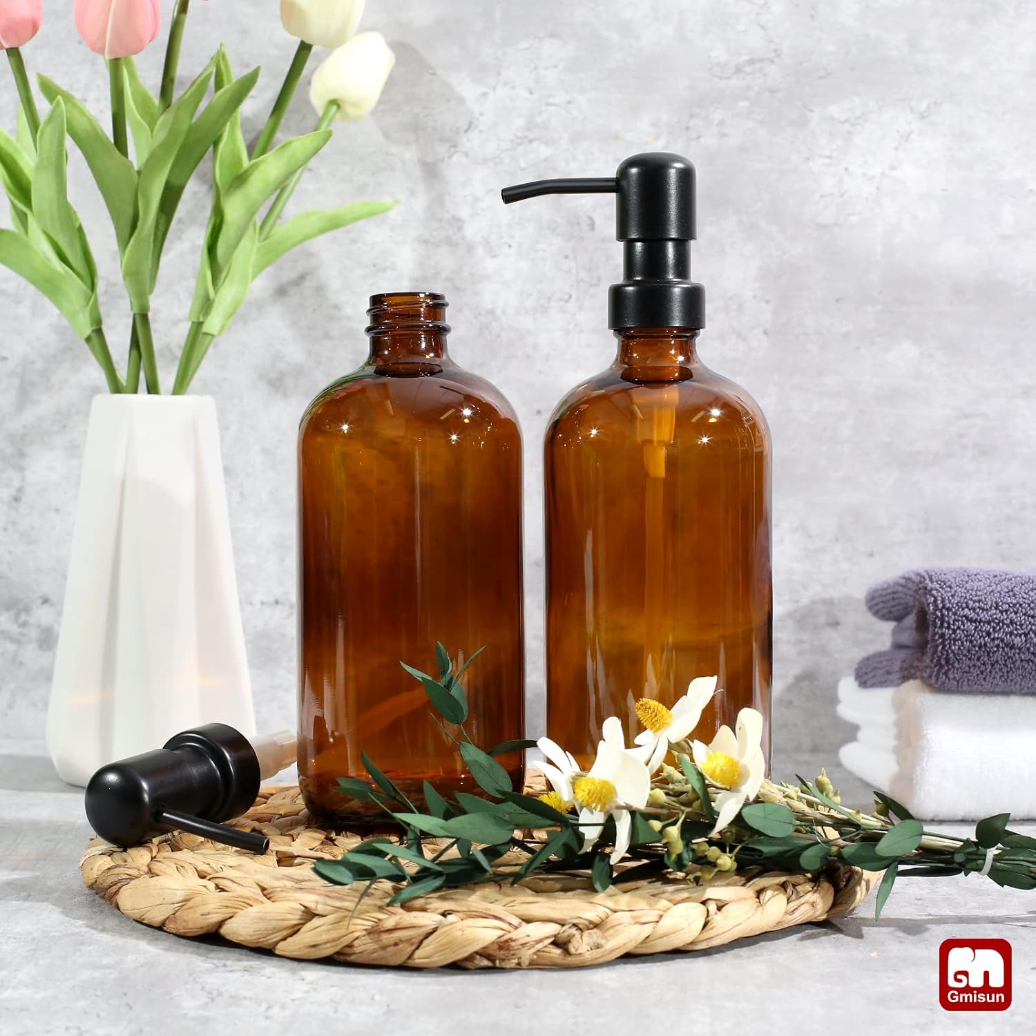GMISUN Amber Glass Soap Dispenser, 2 Pack Bathroom Hand Soap Dispensers with Stainless Steel Pump, 17 Fl Oz Kitchen Hand and Dish Soap Dispenser Set, Modern Vintage Liquid Brown Soap Dispensers Bottle - Image 4