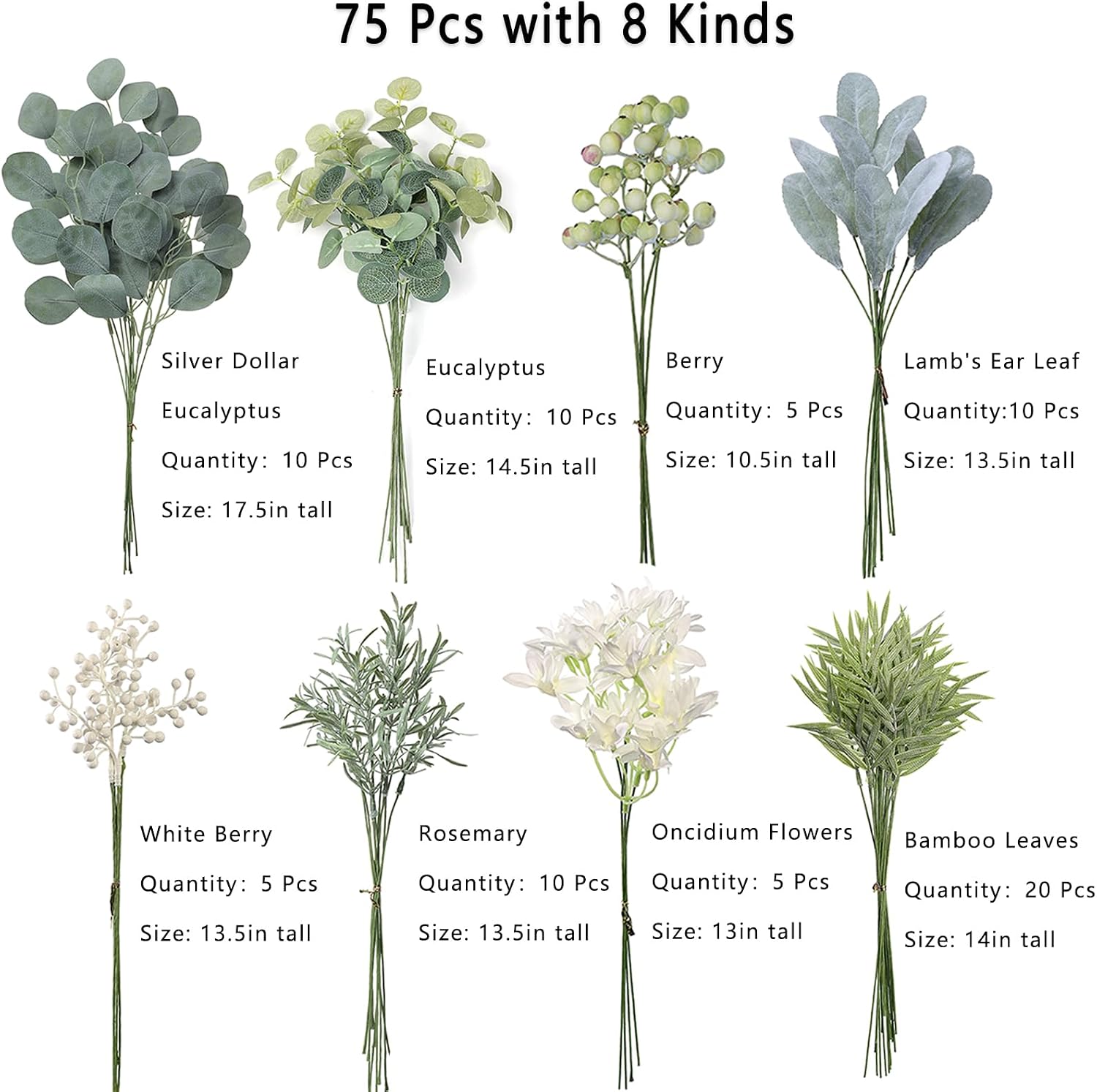 FOTEEWL 75 Pcs Artificial Greenery Stems Box Set,with 8 Kinds of Faux Plants and Fake Flowers for DIY Bridal Bouquets Wedding Floral Arrangement Table Centerpieces Decoration (Sage Green) - Image 2