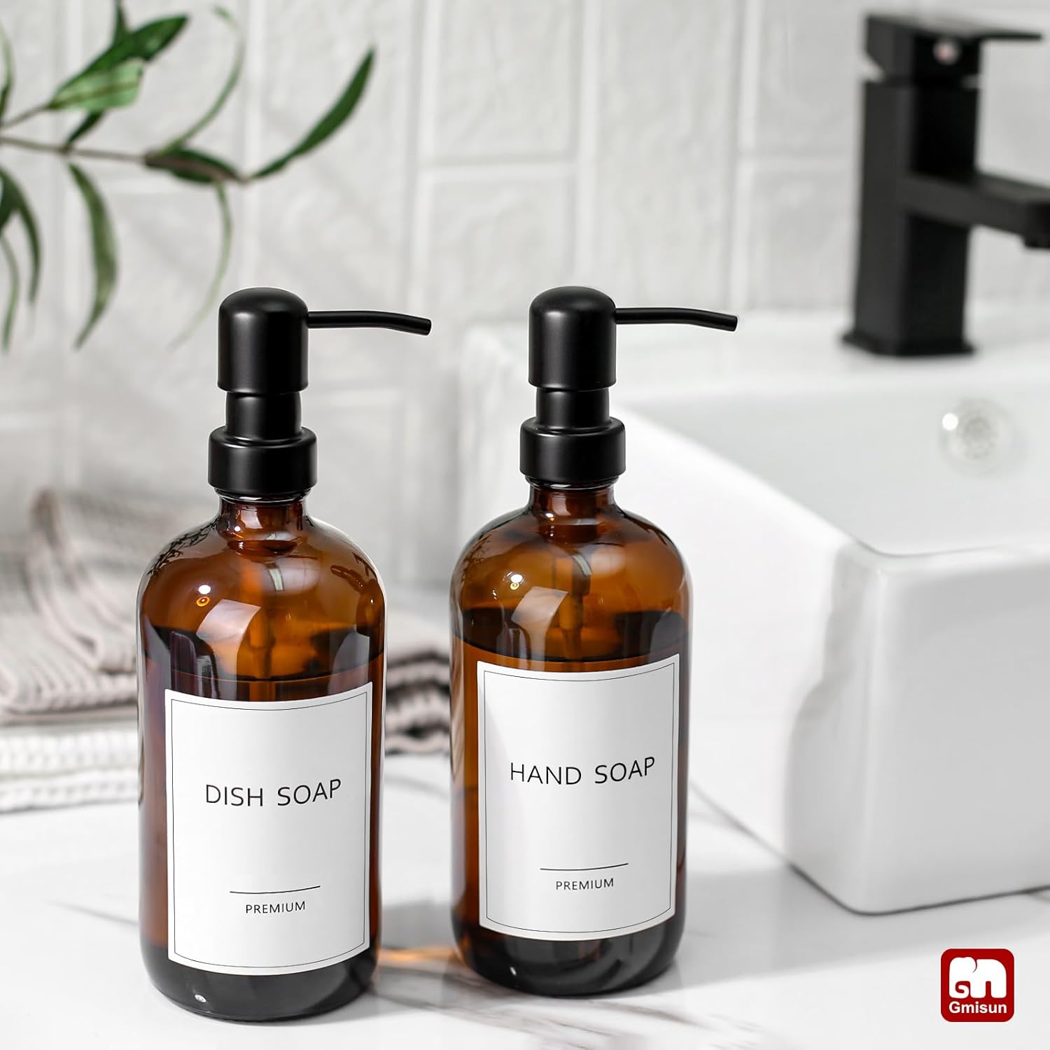 GMISUN Amber Glass Soap Dispenser, 2 Pack Bathroom Hand Soap Dispensers with Stainless Steel Pump, 17 Fl Oz Kitchen Hand and Dish Soap Dispenser Set, Modern Vintage Liquid Brown Soap Dispensers Bottle - Image 5