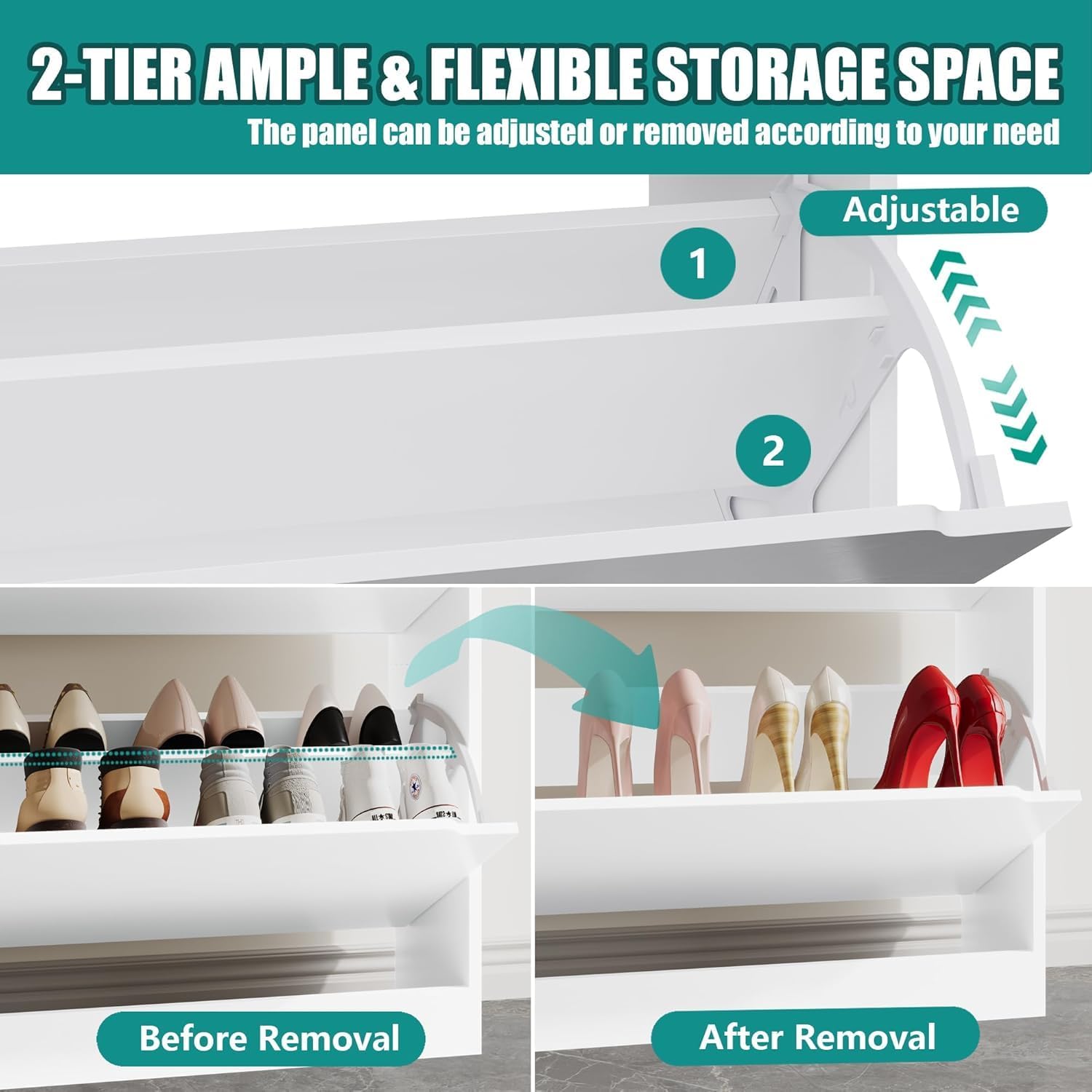 Xixini Shoe Storage Cabinet for Entryway with 4 Flip Drawers, Sturdy Wood Hidden Shoe Storage, Freestanding Narrow Slim Shoe Organizer for Front Door Entrance, Living Room, Hallway, Bedroom, White - Image 4
