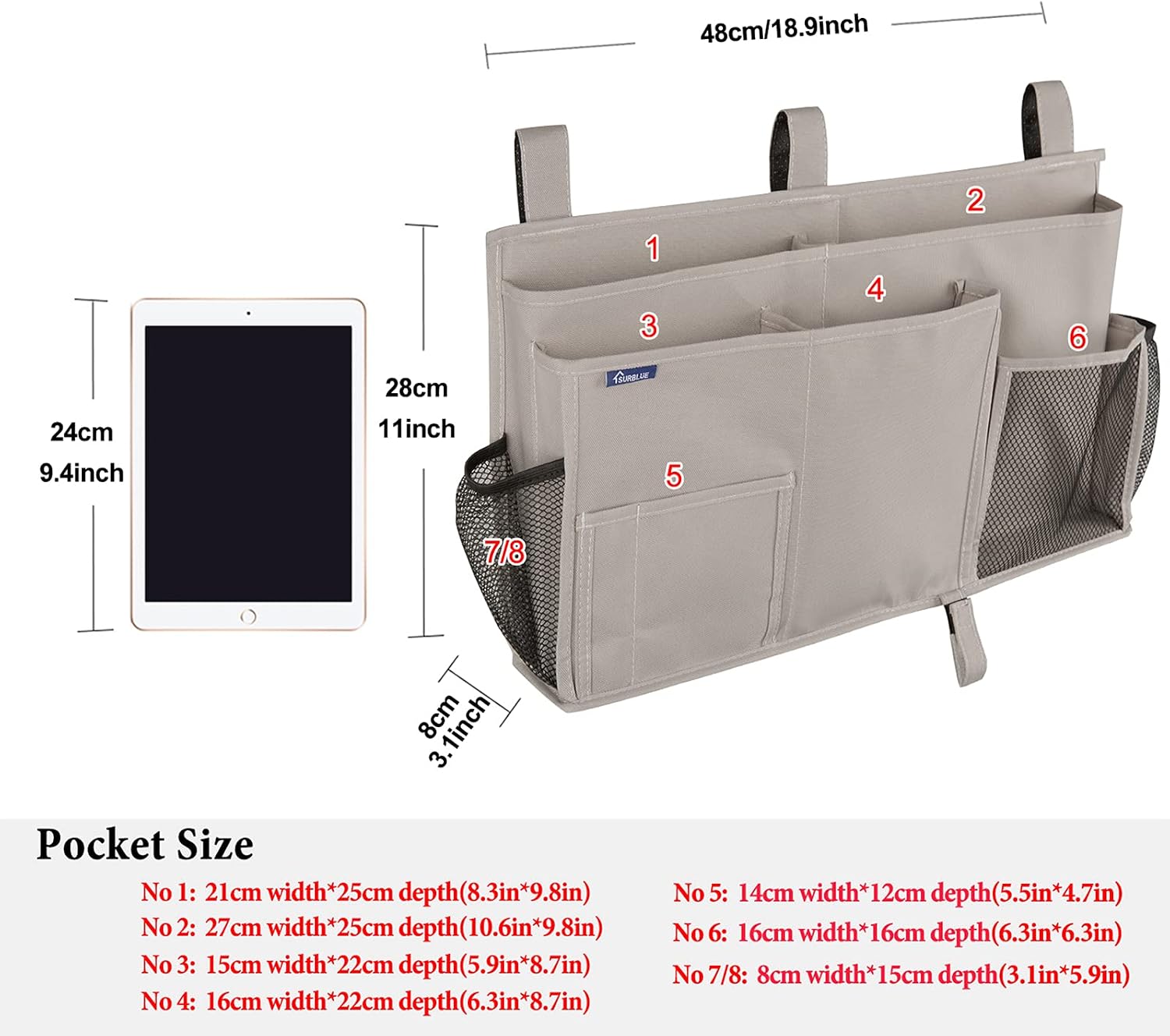 Surblue Bedside Caddy Hanging Bed Organizer Storage Bag Pocket for Bunk and Hospital Beds, College Dorm Rooms Baby Bed Rails,Camp (8 Pockets),Gray - Image 5
