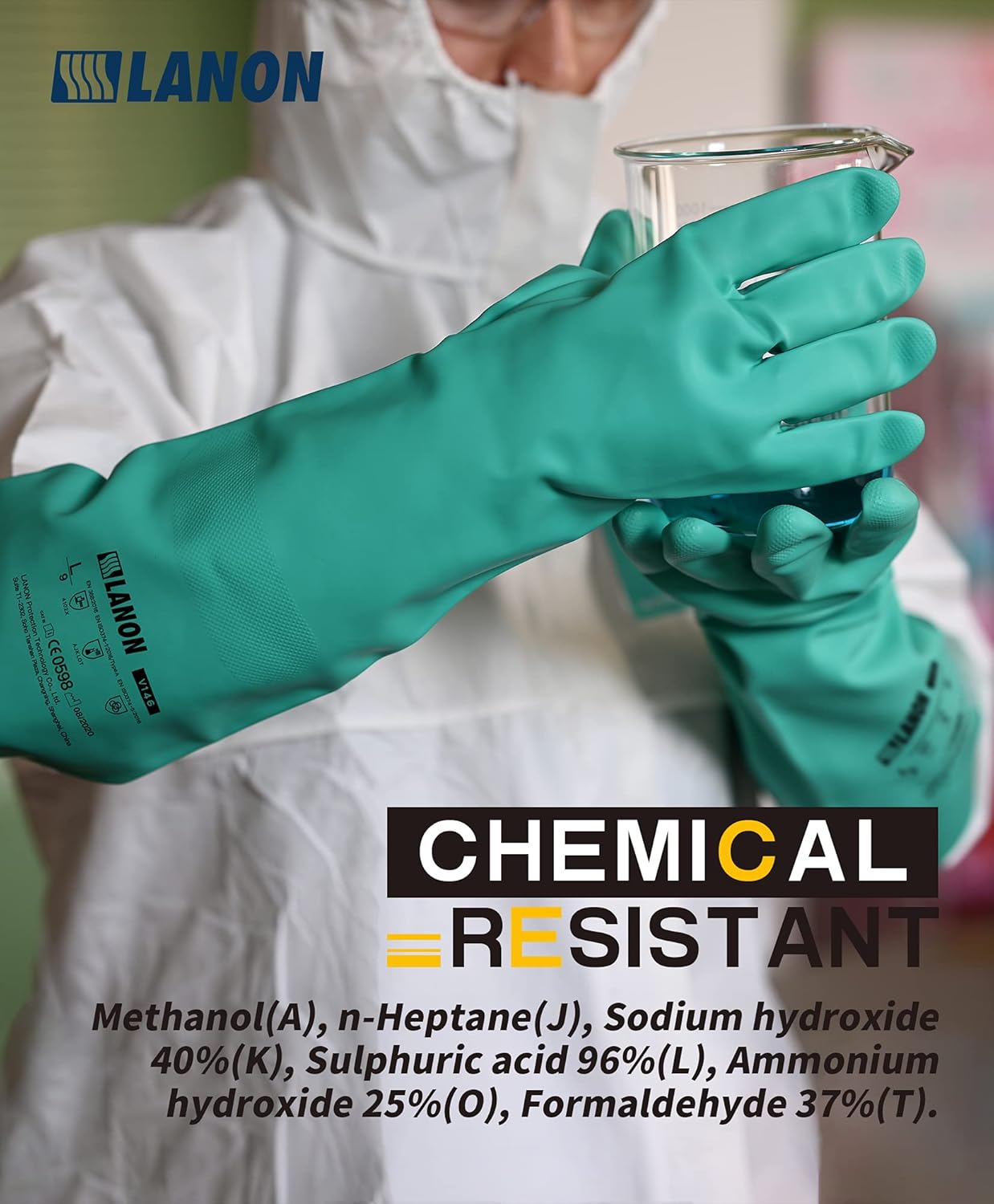 LANON Nitrile Chemical Resistant Gloves, Reusable Heavy Duty Safety Work Gloves, Acid, Alkali and Oil Protection, 18" Length, Non-Slip, Large - Image 2