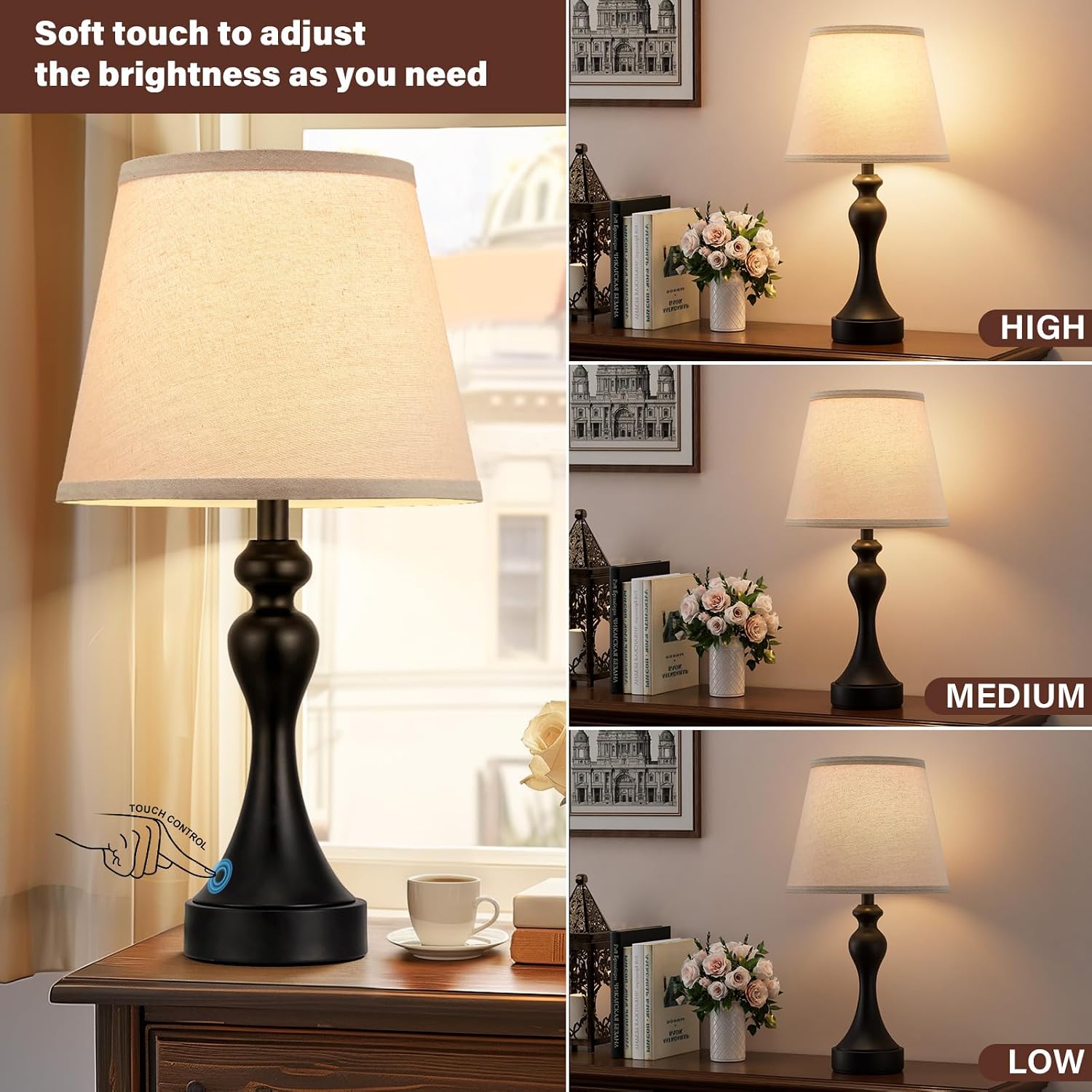 Seealle Touch Lamps for Nightstand - Bedside Lamps Set of 2, 3 Way Dimmable, USB C+A for Bedroom & End Tables (LED Bulbs Included) - Image 2