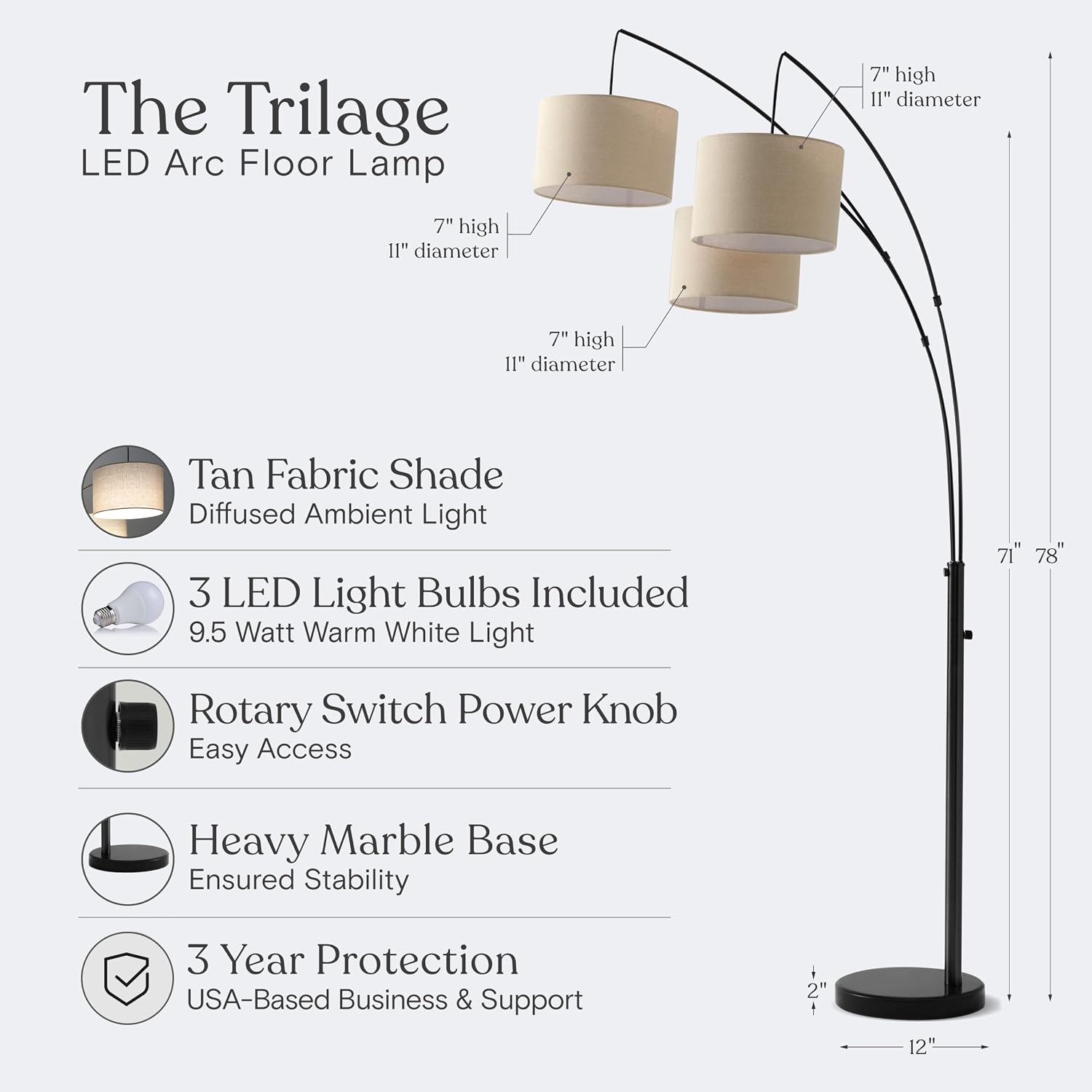 Brightech Trilage Arc Floor Lamp - Large Standing Lamp with 3 Fabric Shades & LED Bulbs for Living Room Over the Sofa, Reading, Multi-Head Traditional Tree Floor Lamp for Bedroom - Black - Image 3