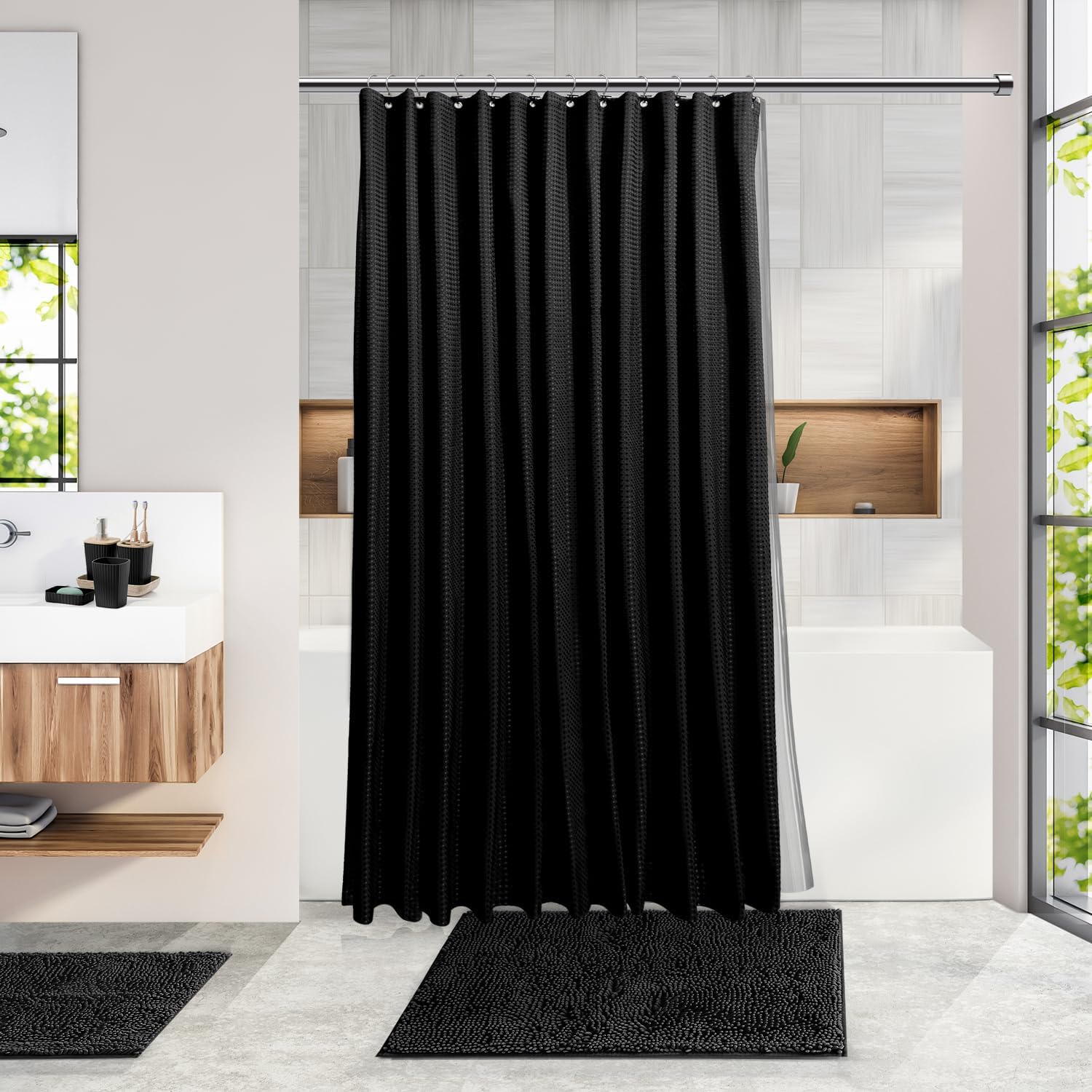 Clara Clark Bathroom Accessories Set - Bathroom Set, Bathroom Accessory Set, Shower Curtain Set, Toilet Brush, Trash Can & Soap Dispenser - Black - 20PC - Image 6