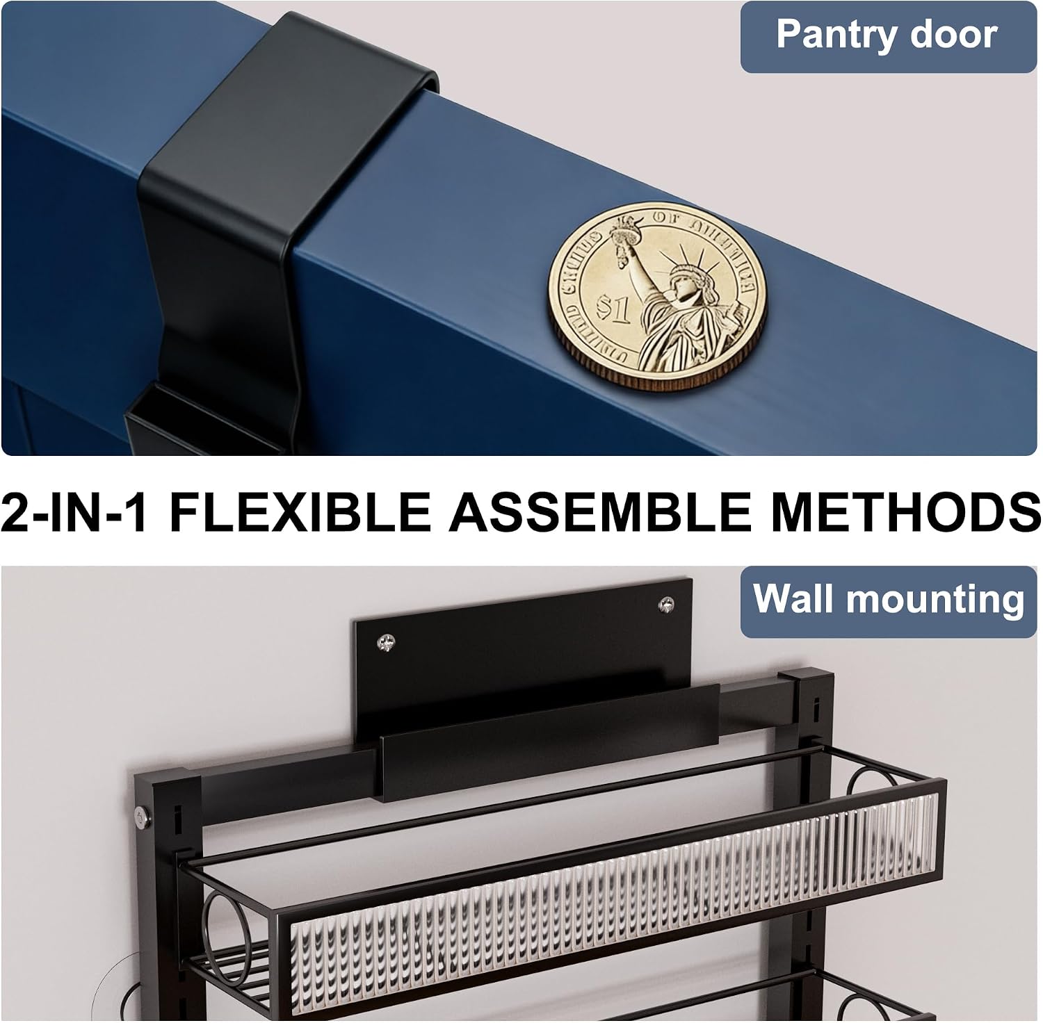 Over the Door Pantry Organizer 8 Tiers Hanging Door or Wall Mounted Spice Rack with Adjustable Acrylic Basket,Heavy Duty Metal Seasoning Storage Shelf for Kitchen Pantry and Bathroom - Image 6