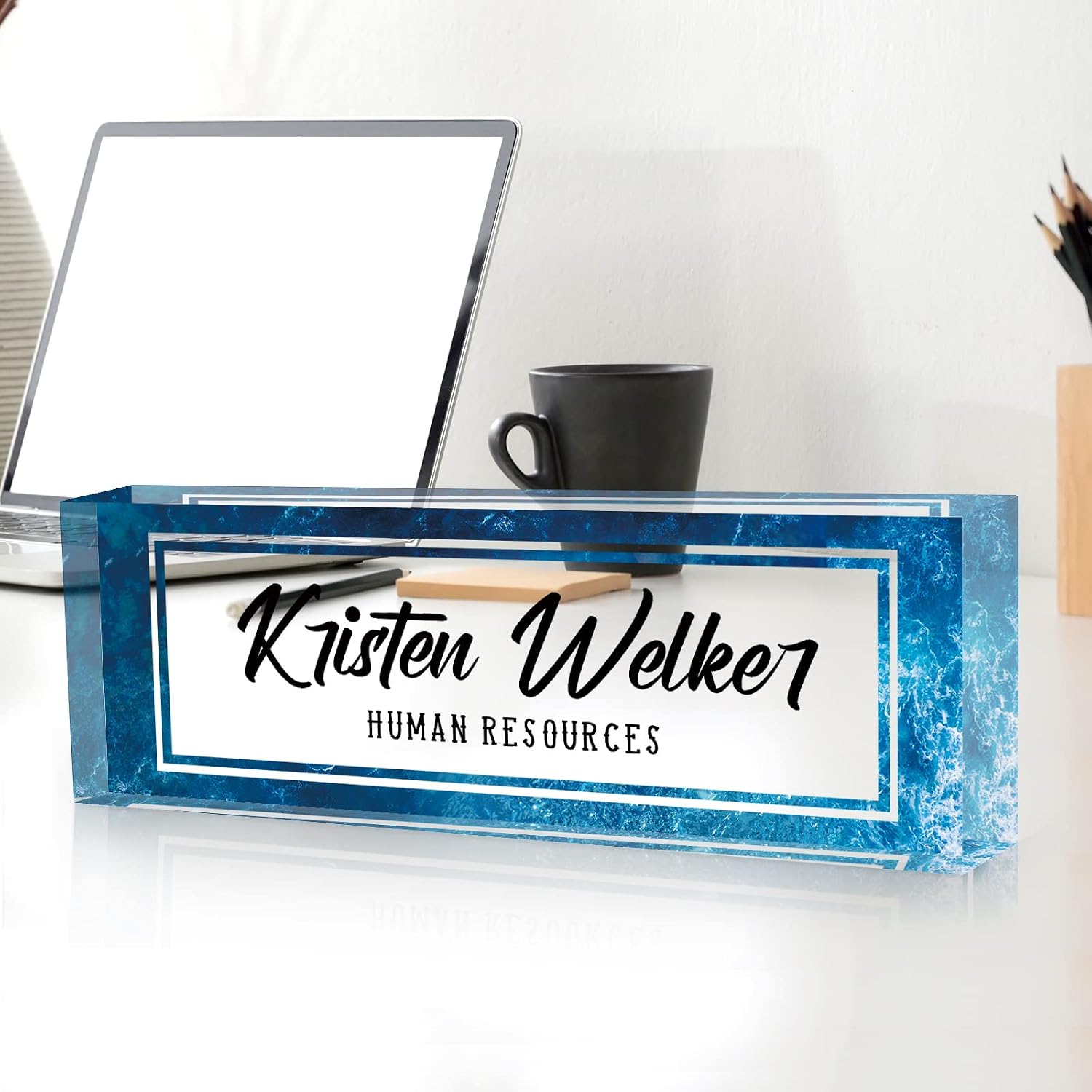 Custom Name Plate for Desk, Desk Name Plate Personalized, Office Decor for Women Men, Acrylic Desktop Accessories, Office Gifts for Coworkers Boss Teacher, Employee Appreciation Gifts (Blue Sea) - Image 4