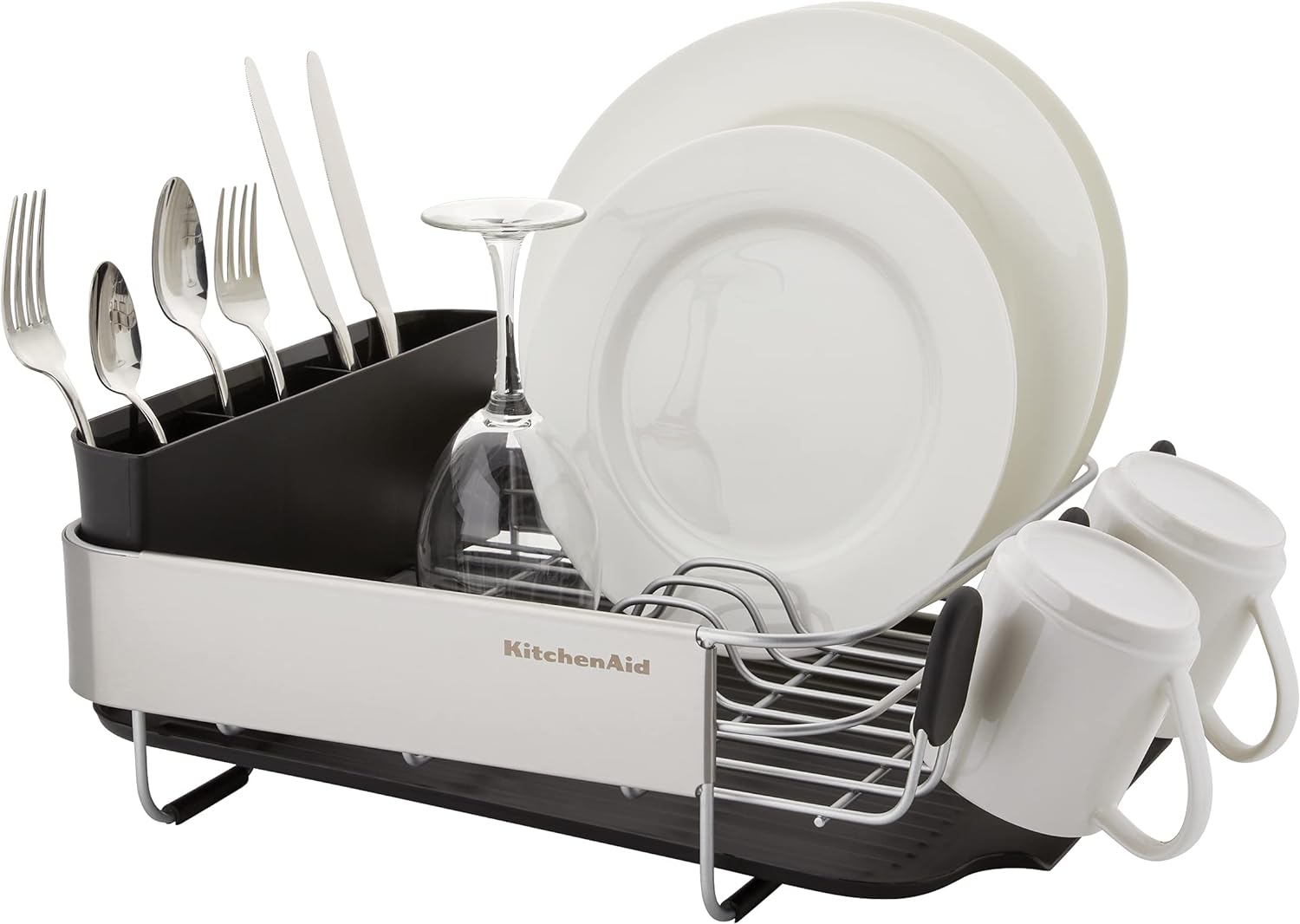 KitchenAid Compact, Space Saving Rust Resistant Dish Rack with Removable Flatware Caddy and Angled Self Draining Drainboard, 16.06-Inch, Black - Image 4