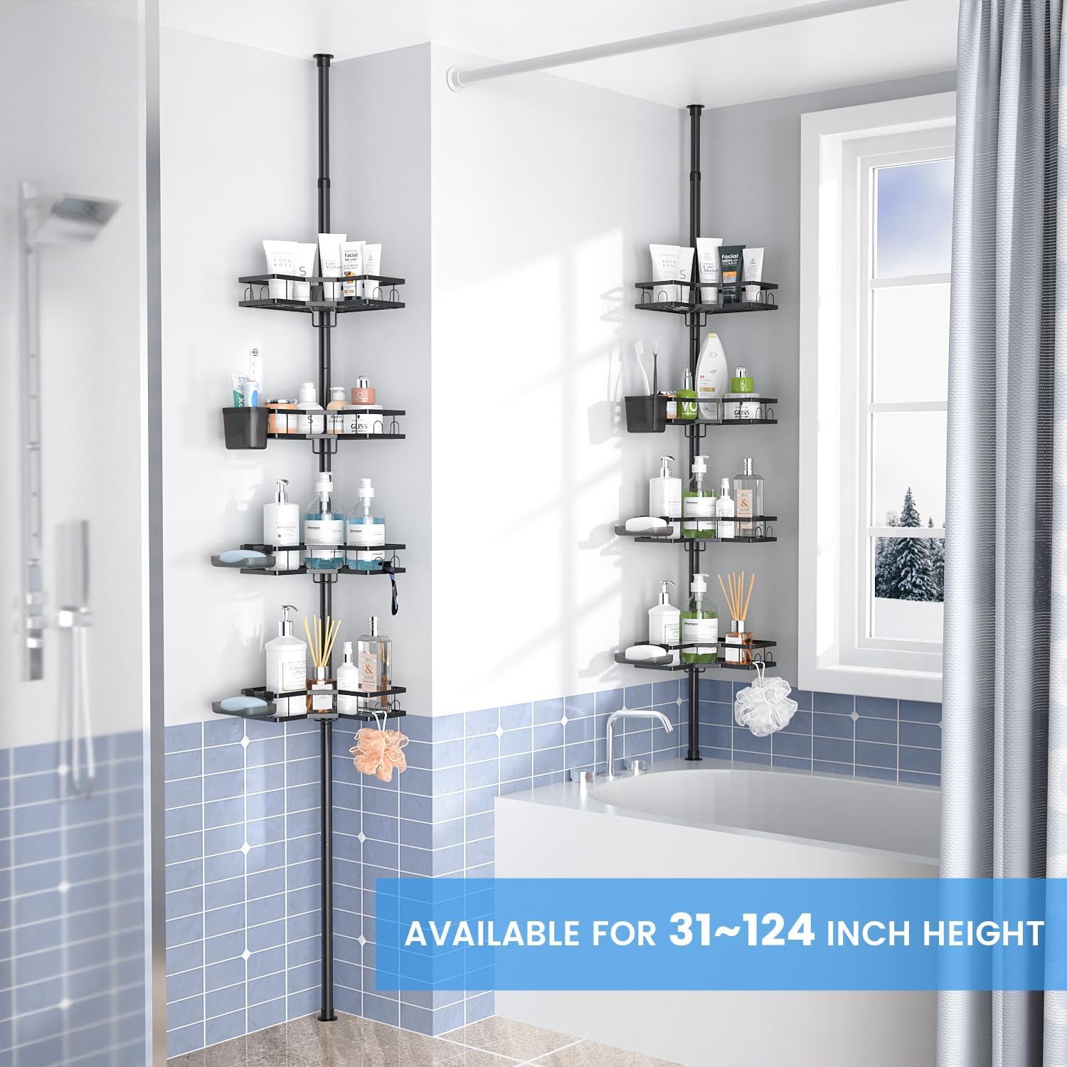 Corner Shower Caddy Tension Pole: 4-Tier Adjustable Rustproof Bathroom Organizer Shelves - No-Drill Bathtub Shampoo Rack Standing Shower Caddy for Renters, Apartment & Family Bathroom 31-124 inch - Image 2