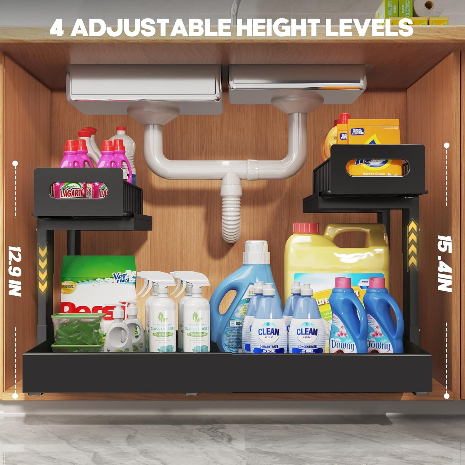 1 Pack Expandable Under Sink Organizers And Storage With Upgrade Ball-Bearing Slide Tracks,2-Tier Pull Out Under Cabinet Organizer Height Adjustable,Slide Out Under Sink Drawers-Black(Patent Pending) - Image 8
