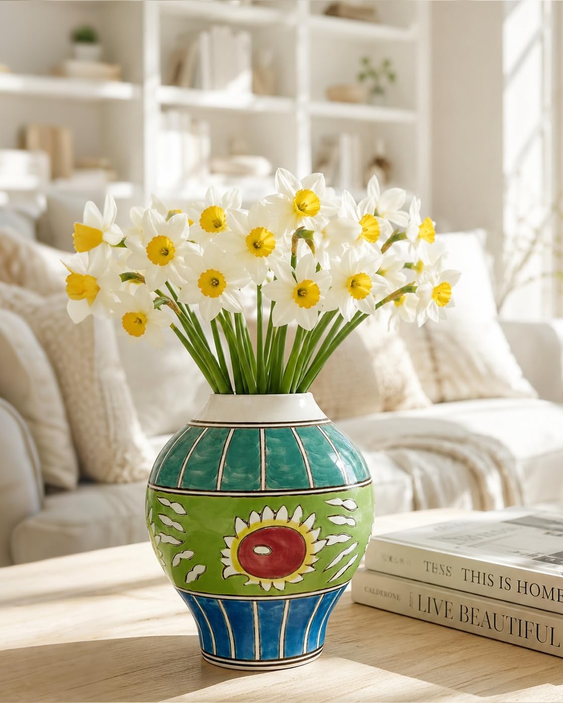Hand Painted Ceramic Vase for Home Decor, 6.6" Colorful Floral Pottery Vase, Decorative Boho Farmhouse Flower Vase for Shelf Table Centerpiece, Artistic Glazed Ceramic Accent Décor - Image 3