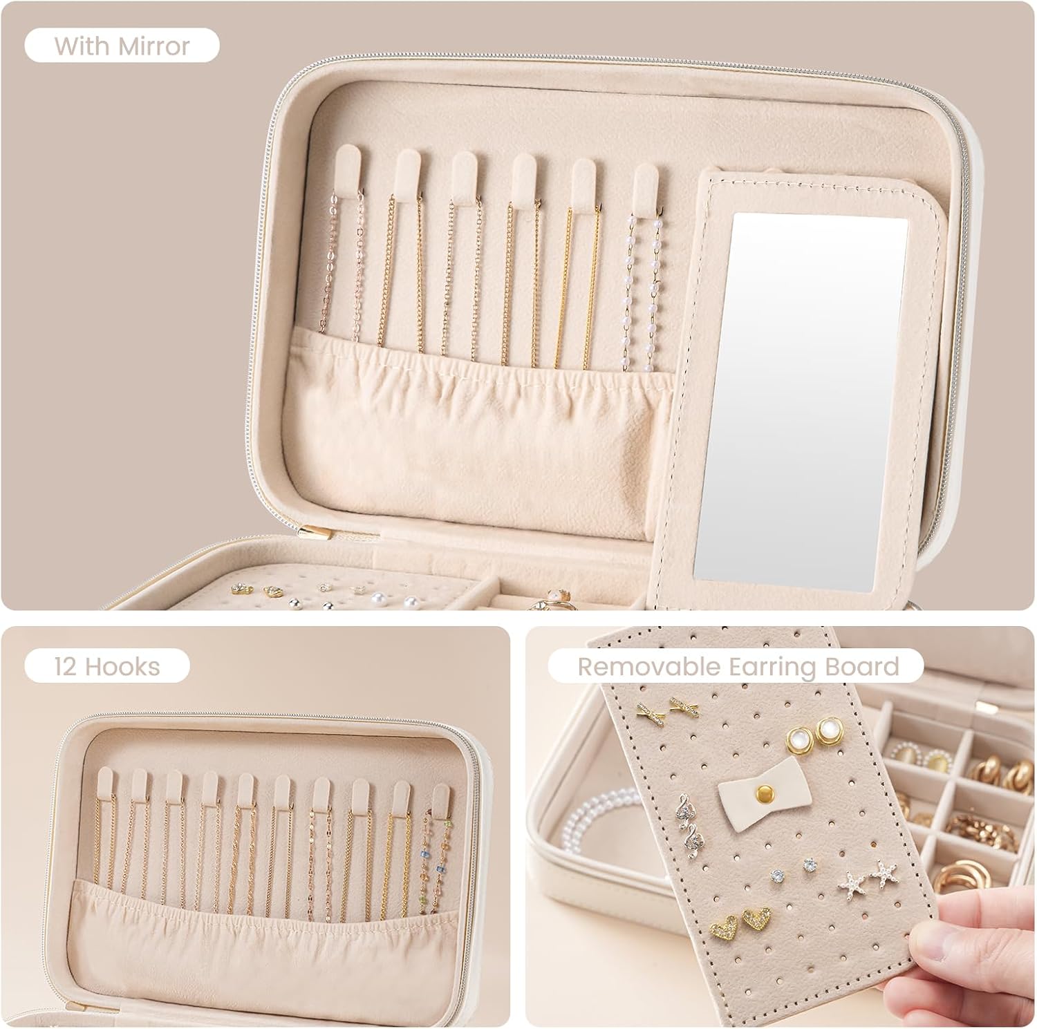 Lolalet Travel Jewelry Case for Women Girls, Travel Jewelry Organizer Box with Mirror & Clear Storage Bag, Small Portable Earring Necklace Bracelet Ring Case, Birthday Valentine Gifts -Medium, White - Image 5