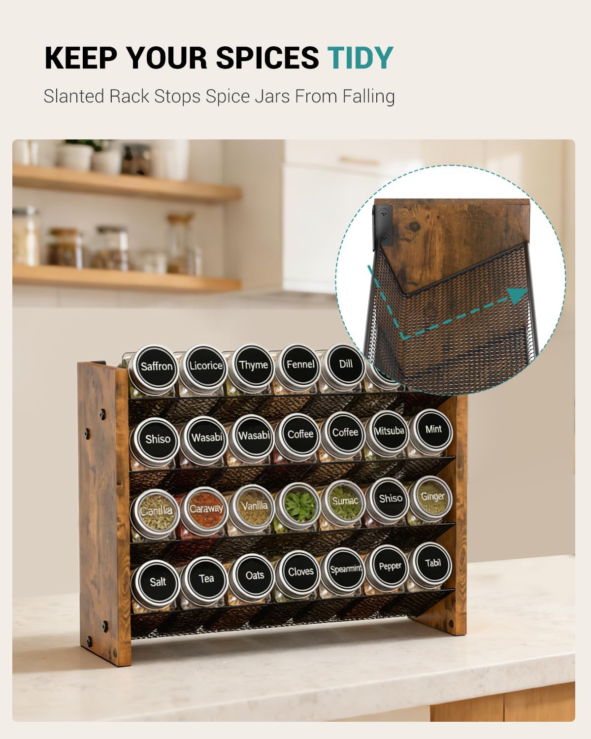 NESAPTO Spice Rack Organizer for Cabinet, Wood 4-Tier Vertical Seasoning Organizer, Wall Mount or Countertop Spice Shelf, Holds 28 Jars (No Jars Included), 14" W x 9.4" H - Image 3