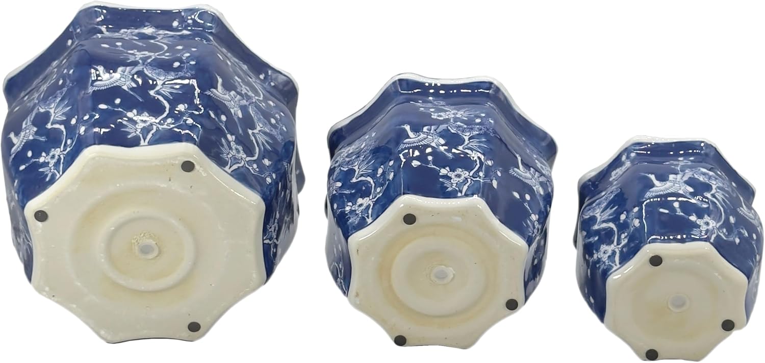 Galt International White & Blue Crane Round Fluted Floral Porcelain Ceramic Plant Flower Planter Pot Set of 3 (7.5", 10", 13") Garden Pots Chinese Asian Design - Image 8