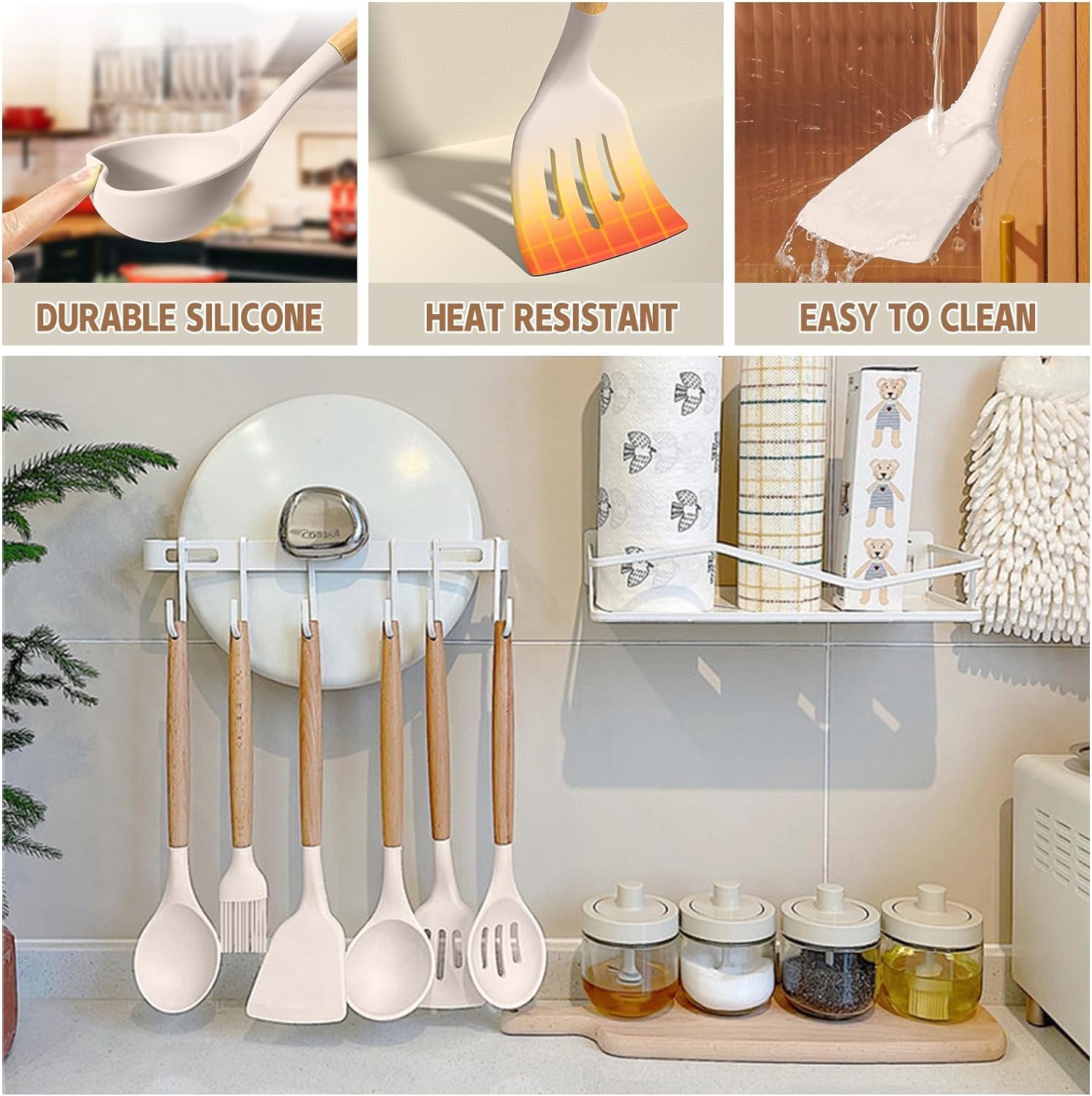 Umite Chef Kitchen Cooking Utensils Set, 33 pcs Non-Stick Silicone Cooking Kitchen Utensils Spatula Set with Holder, Wooden Handle Silicone Kitchen Gadgets Utensil Set (Khaki) - Image 5