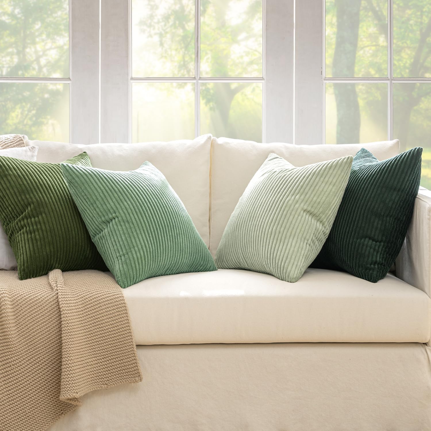MIULEE Boho Farmhouse Sage Green Throw Pillow Covers 18x18 Inch Set of 4 Mordern Nordic Cushion Covers Soft Corduroy Spring Home Decor for Couch Bed Sofa Living Room Forest Green - Image 2