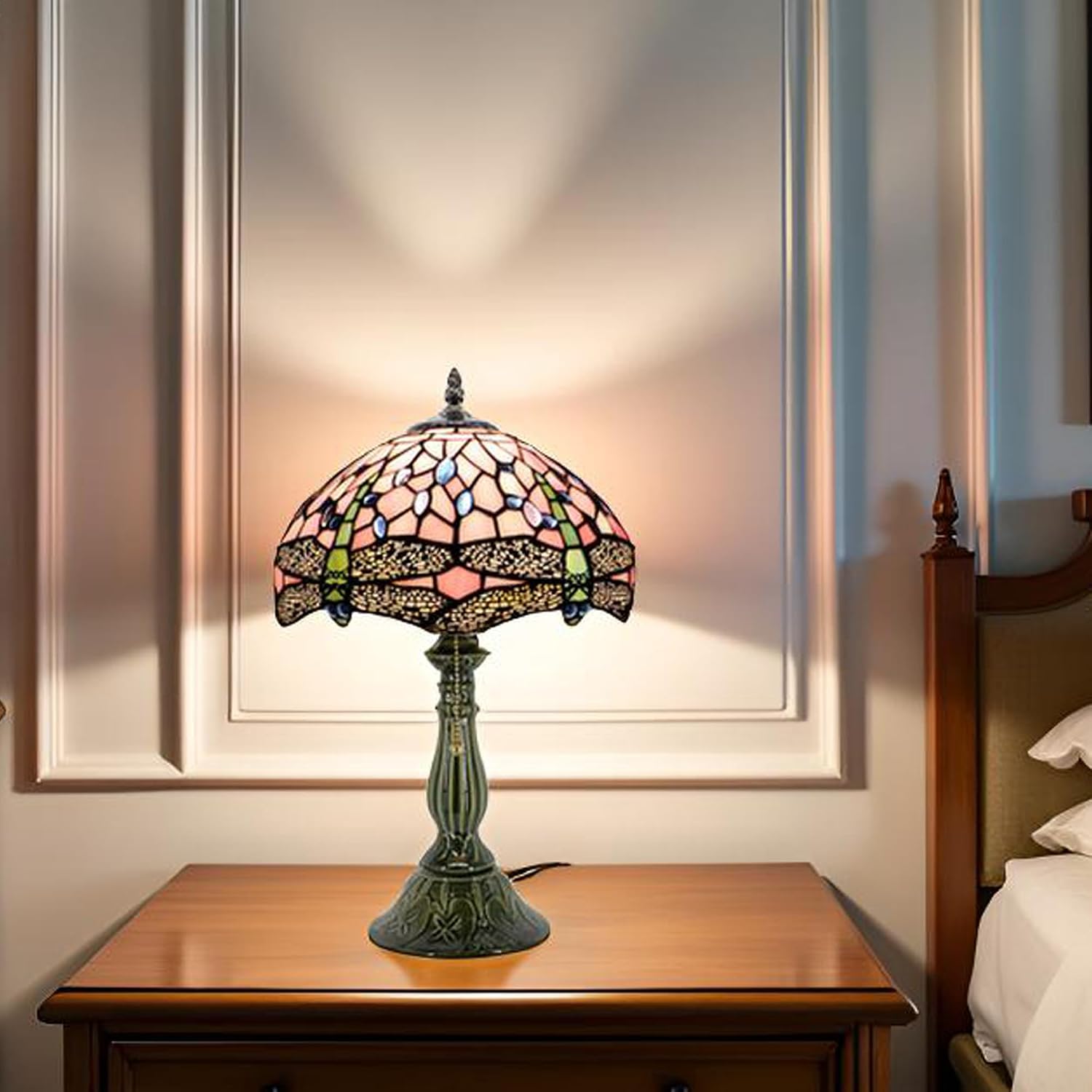 Tiffany Style Stained Glass Table Lamp 18.5 Inch - Pink Dragonfly | 12X12X18.5 Inch, E26 Bulb Base,Pull Chain Switch, Ceramic Base, Bedside, Bedroom, Living Room, Office, Reading Light, - Image 4