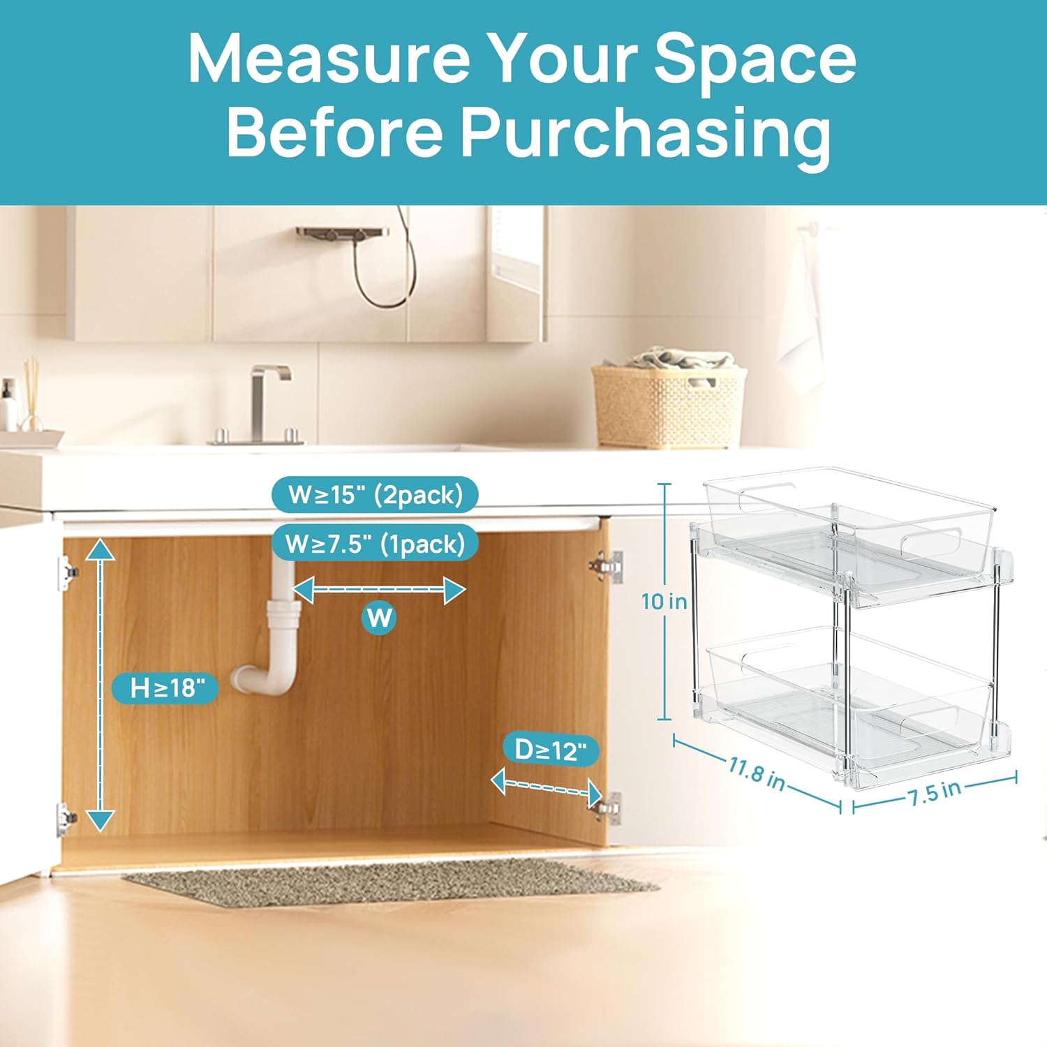 Vtopmart 4 Pack Bathroom Under Sink Organizers Organizer, 2 Tier Clear Pull-Out Organization (S-Standard) - Image 3