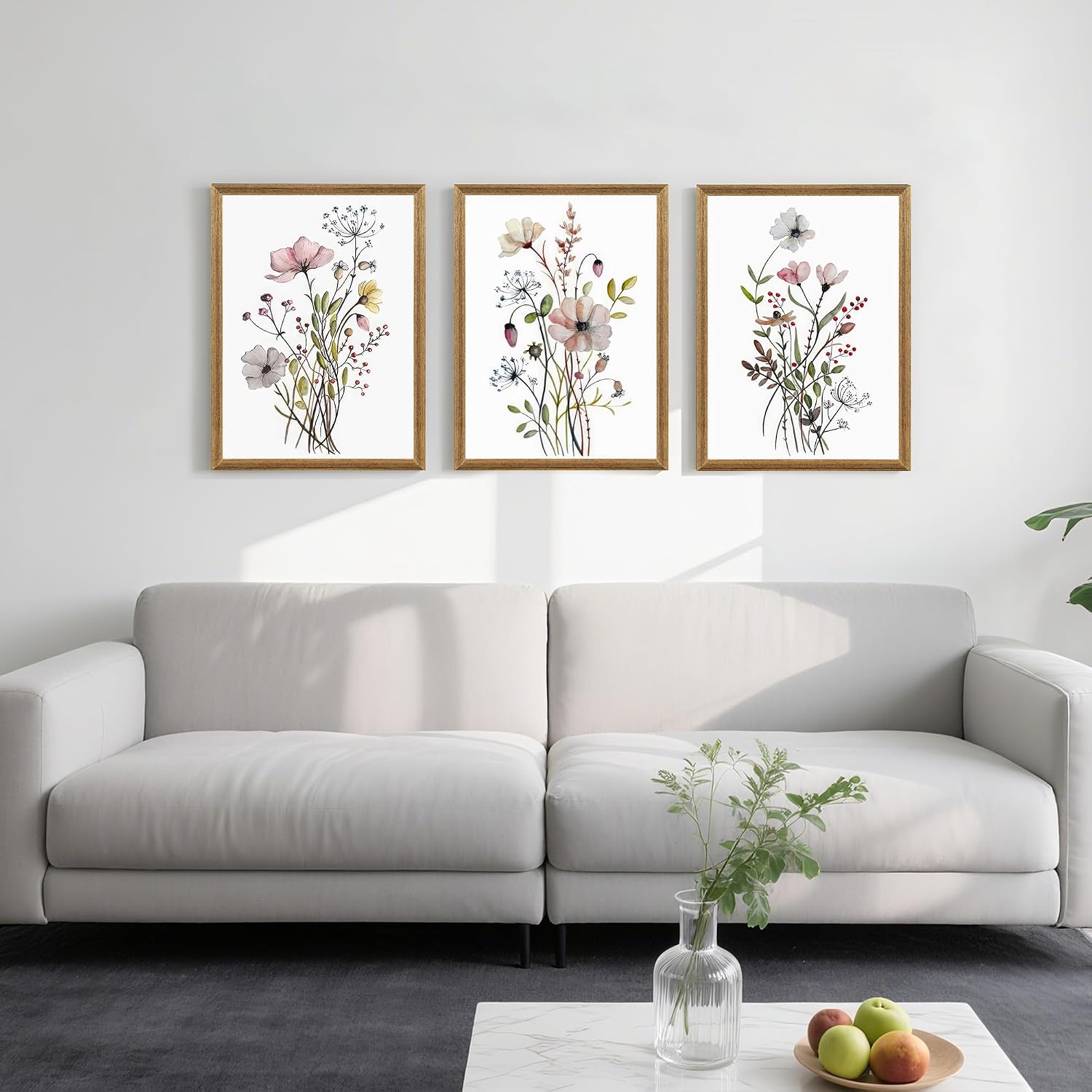 WRFON Framed Botanical Canvas Wall Art Set of 3, Watercolor Floral Prints, Framed Flower Wall Decor for Bedroom Bathroom Living Room, 12x16 Inch Each - Image 2