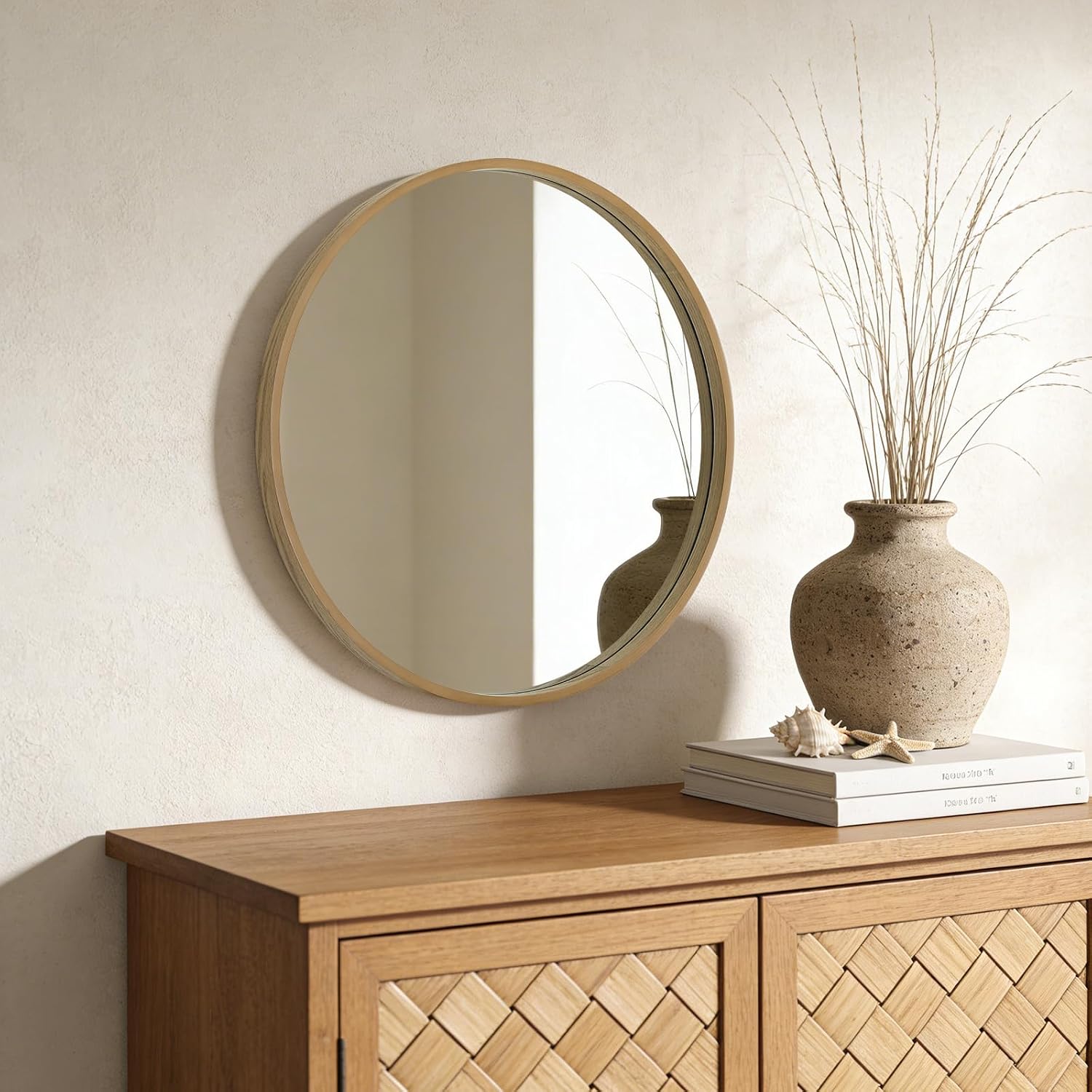 WallBeyond Round Wood Mirror 24 inch Circle Wall Mirror for Bathroom Round Wall Mirror for Wall Decor, Vanity, Entryway Living Room (Natural) - Image 3