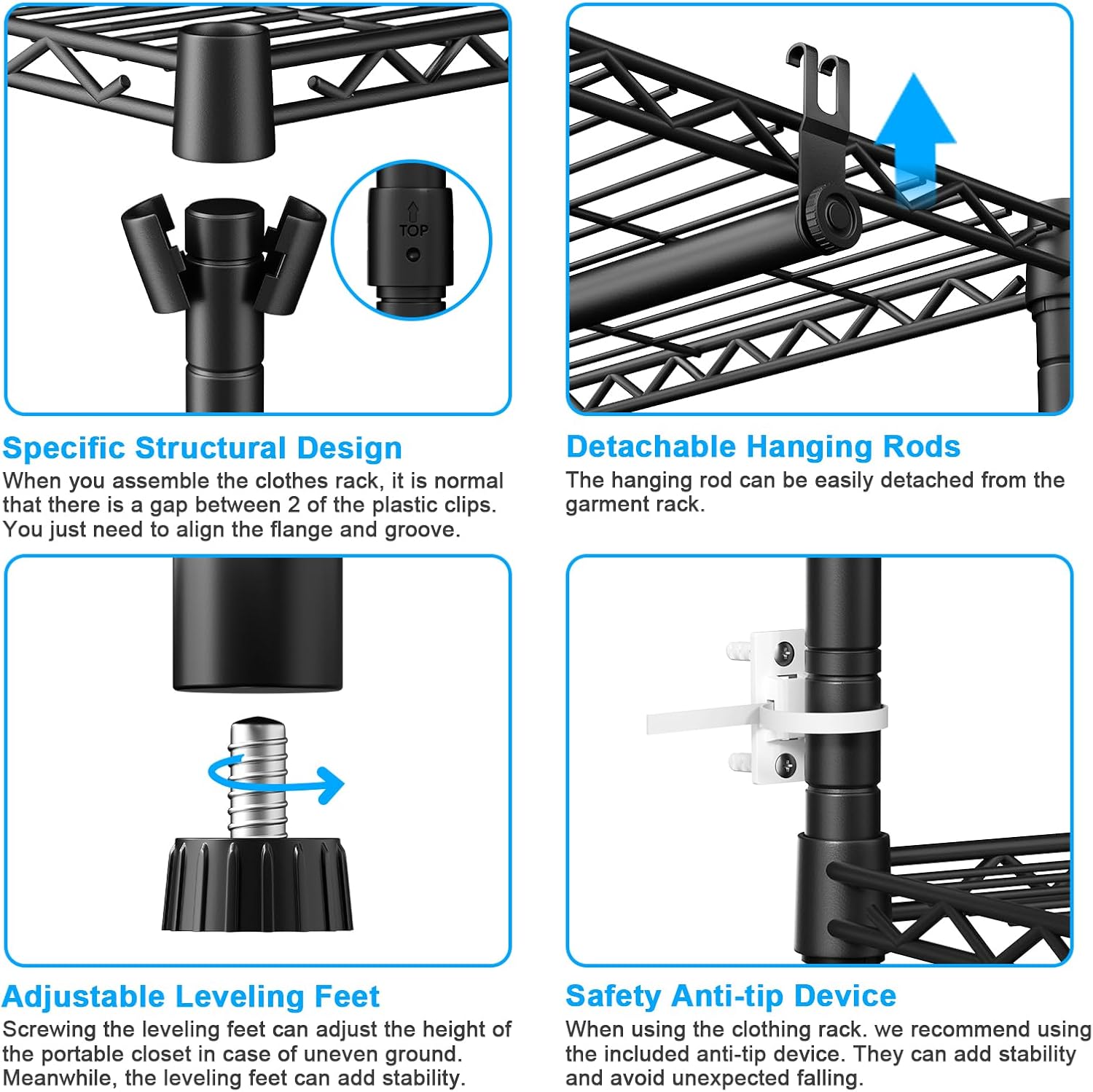 Ulif E10 Clothes Rack(With Stretchable Hanger Rod)Freestanding Clothing Racks for Hanging Clothes,Adjustable Closet Organizer System,Portable Garment Rack 73-97"W x 15" D x 72" H,Max Load 800LBS,Black - Image 5