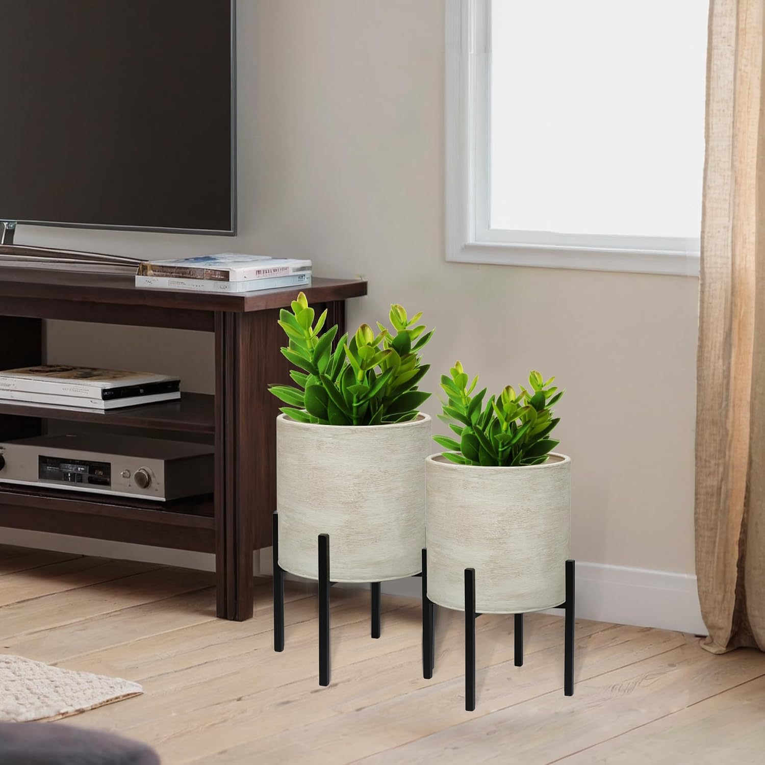 ARNIS Modern Plant Pots, Set of 2 Large Planters with Stand, Decorative Planters, Metal Pots with Drainage Holes for Living Room, Office, Garden or Balcony, 8.25 &10.5 Inch, Dirt - Image 6