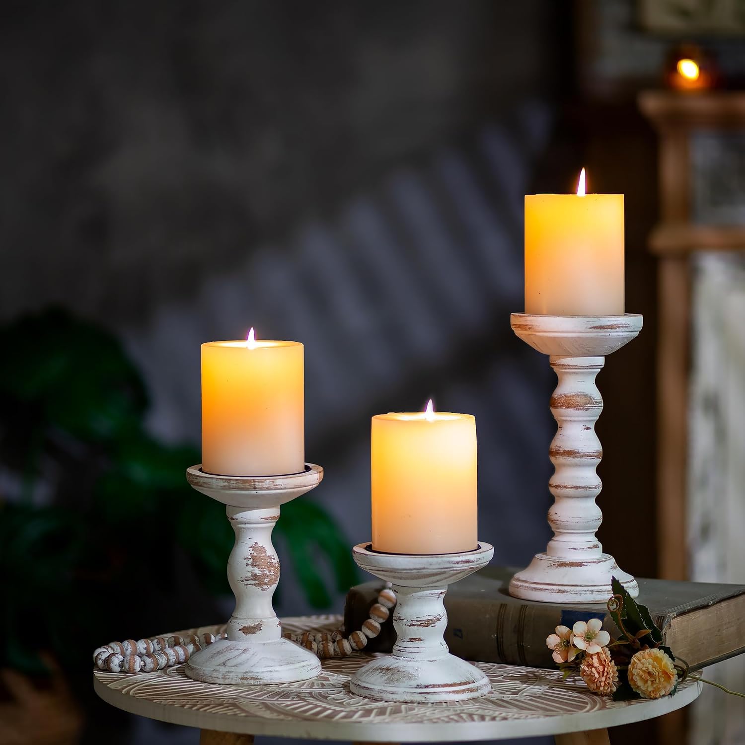 Romadedi Wood Candle Holders for Pillar Candles - Set of 3 Tall Farmhouse Wooden Candlestick Holder, Rustic Candle Stand for Fireplace Mantle Shelf Table Home Decor, Brown Whitewashed 3.9"/6"/ 8.3" - Image 8