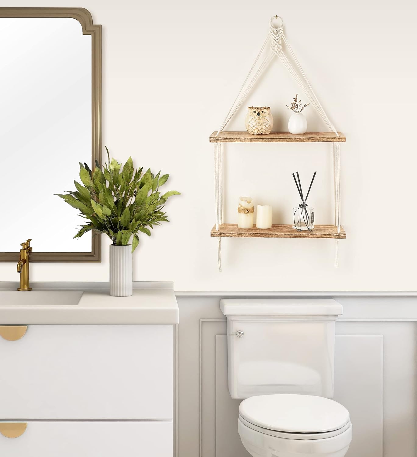 Mkono Macrame Hanging Shelf Boho Wall Decor 2 Tier Handmade Cotton Rope Rustic Wood Floating Shelves Display Photos Plants Hanging Storage Shelving for Living Room Nursery Bathroom Bedroom - Image 6