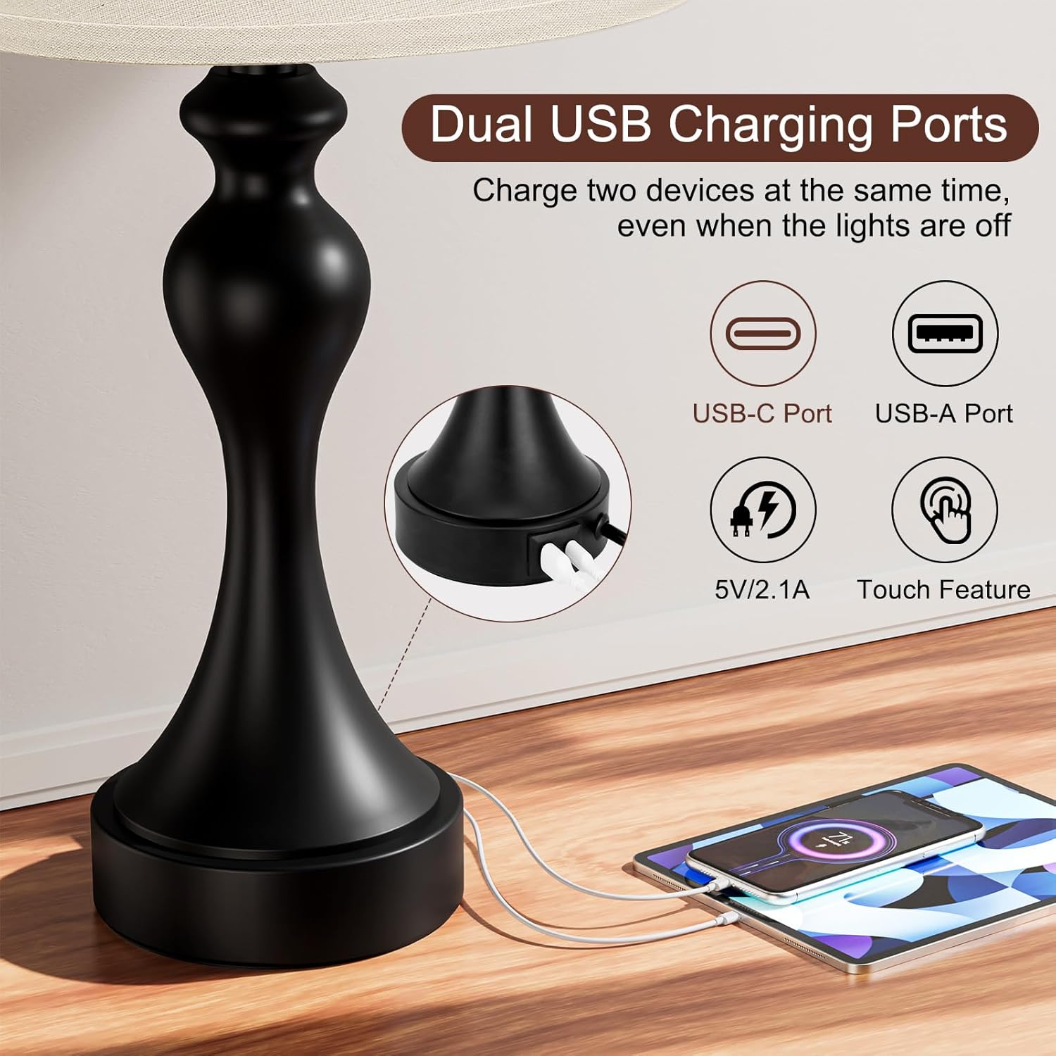 Seealle Touch Lamps for Nightstand - Bedside Lamps Set of 2, 3 Way Dimmable, USB C+A for Bedroom & End Tables (LED Bulbs Included) - Image 3