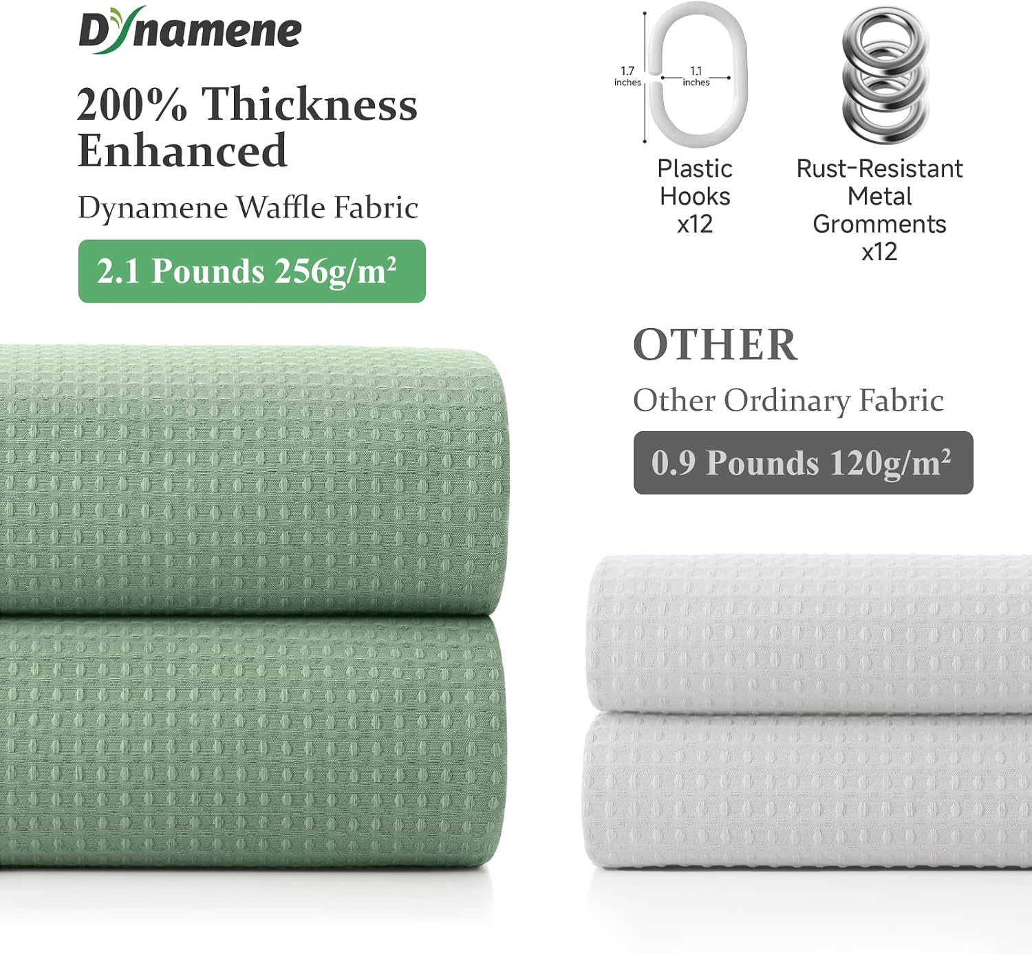 Dynamene Sage Green Shower Curtain - Waffle Textured Heavy Duty Thick Fabric Shower Curtains for Bathroom, 256GSM Luxury Weighted Polyester Cloth Bath Curtain Set with 12 Plastic Hooks,72Wx72H,Green - Image 4