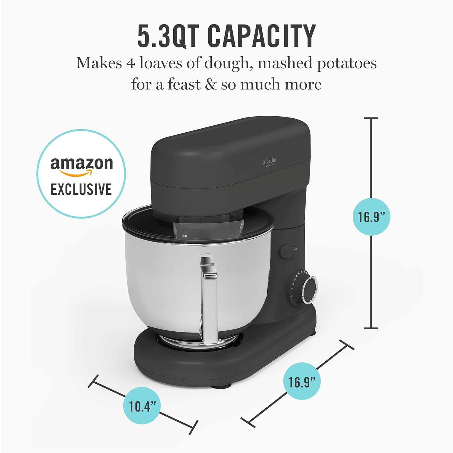 Martha Stewart 5.3Qt Stand Mixer, 12-Speed Tilt-Head Electric Kitchen Mixer with Stainless Steel Bowl, Dough Hook, Whisk & Beater, Splash Guard, Ideal for Baking Bread, Cake & Whipping, Caviar Gray - Image 10