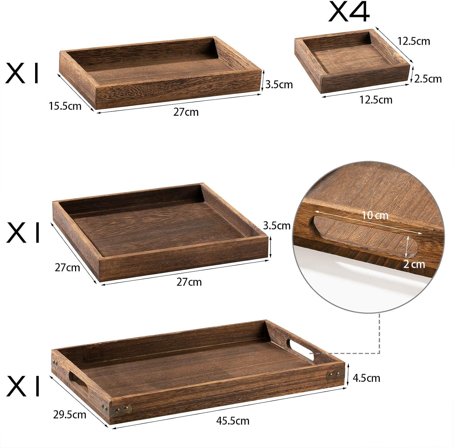 Yangbaga Rustic Wooden Serving Trays with Handle - Set of 7 Rectangular Platters for Entertaining, Breakfast, Coffee Table, Home Decor - Image 2