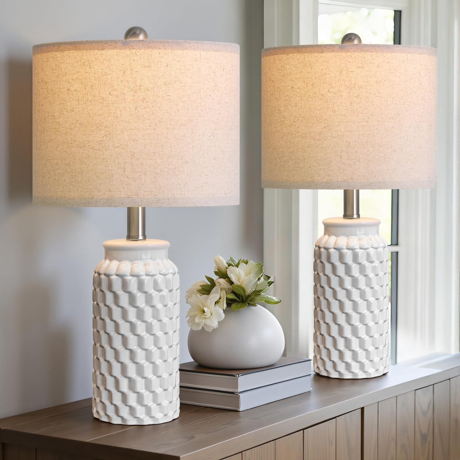 USumkky 20.5" White Modern Ceramic Bedside Lamps Set of 2, Small Table Lamp for Bedroom Decor Farmhouse Nightstand Lamp for Living Room Office - Image 5