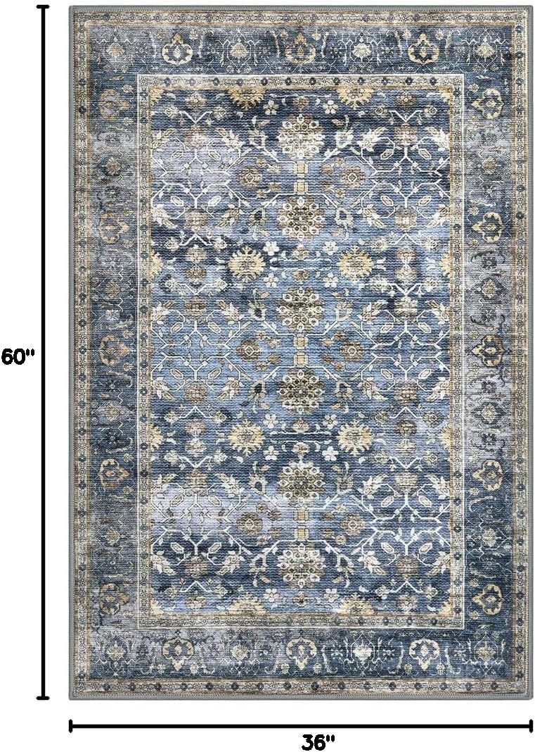 KUTA Vintage Floral 3x5 Entryway Rug, Area Rugs for Living Room Blue Grey Beige Washable Kitchen Carpet Non-Slip, Ultra Thin Soft Printed Distressed Oriental Entry Low-Pile Throw for Dining Room Dorm - Image 2