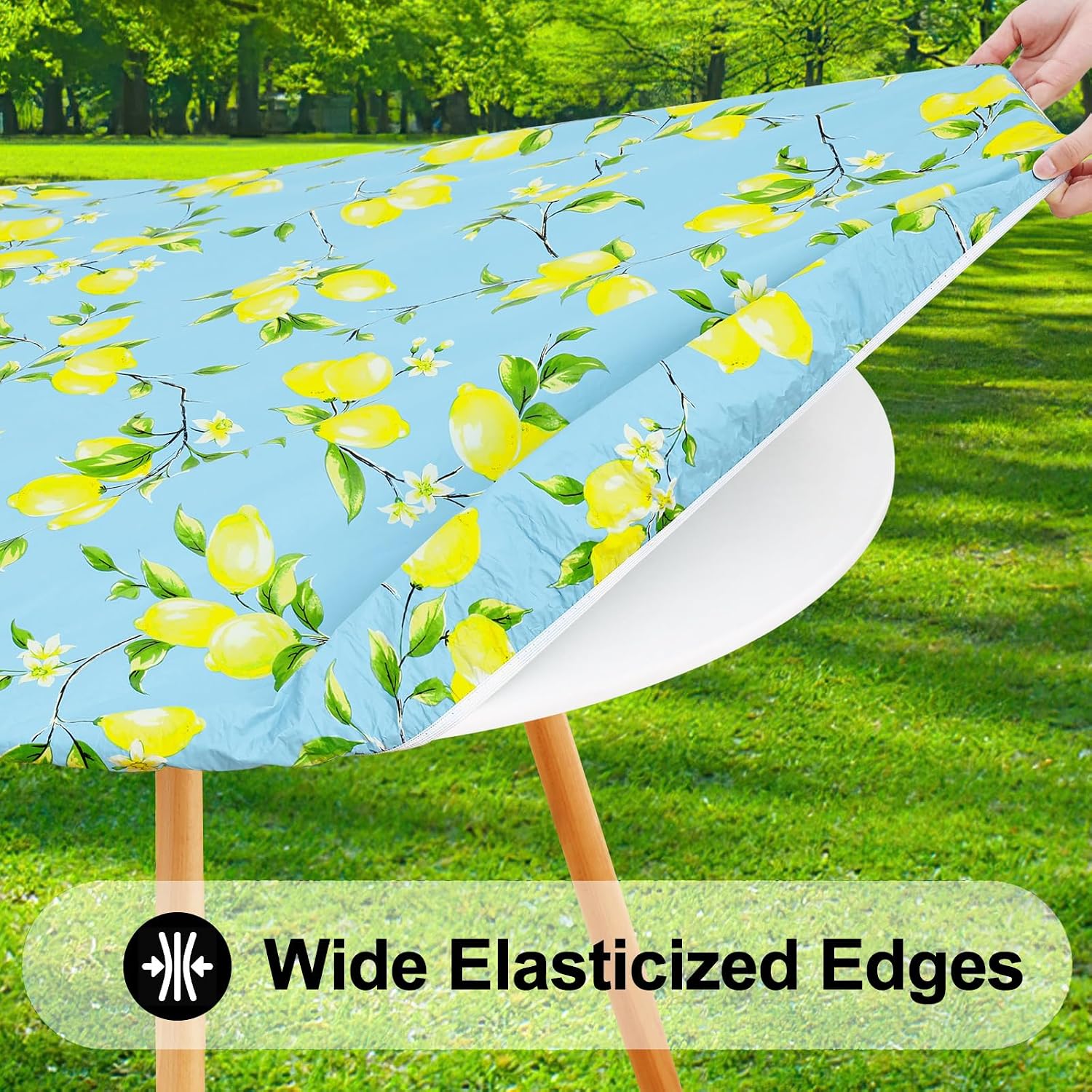 Smiry Round Picnic Tablecloth, Waterproof Elastic Fitted Table Covers for 45" - 56" Tables, Wipeable Flannel Backed Vinyl Tablecloths for Camping, Indoor, Outdoor, Blue & Yellow - Image 2