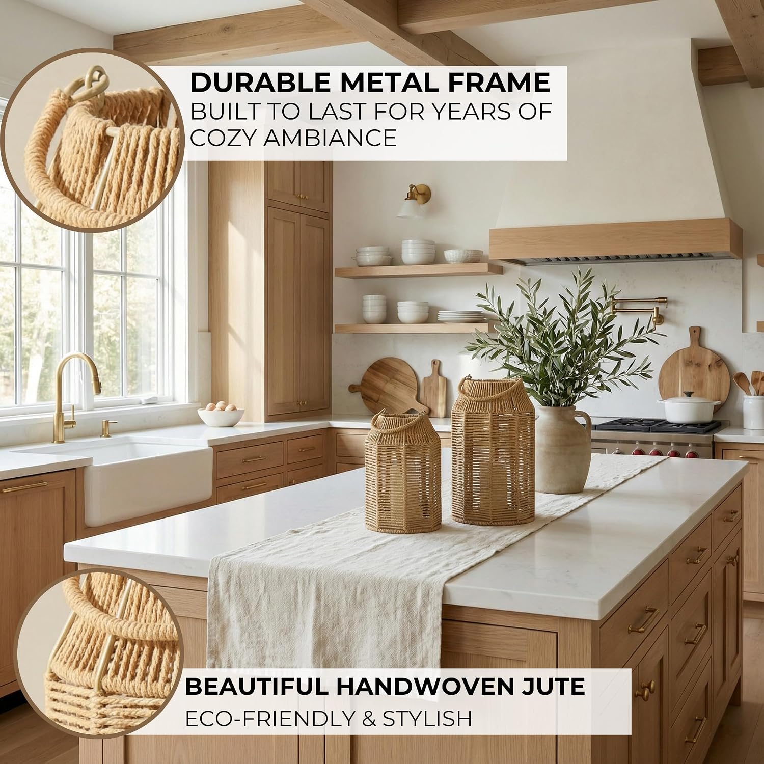Natural Jute Boho Lanterns - Handcrafted Coffee Table Decor to Enhance Your Home - Modern Decorative Farmhouse Beauty for Living Room, Patio & Front Porch, Indoor and Outdoor or Kitchen Dining Table - Image 5