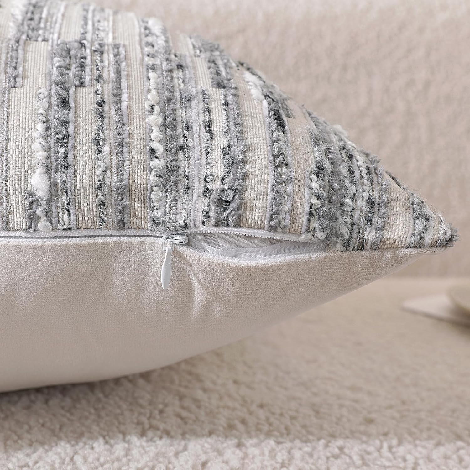 Striped Throw Pillow Covers 18x18 Set of 2 Gray Textured Boucle Chic Morden Boho Accent Farmhouse Decorative Chenille Pillow Covers for Home Decor Bed Sofa Living Room - Image 6
