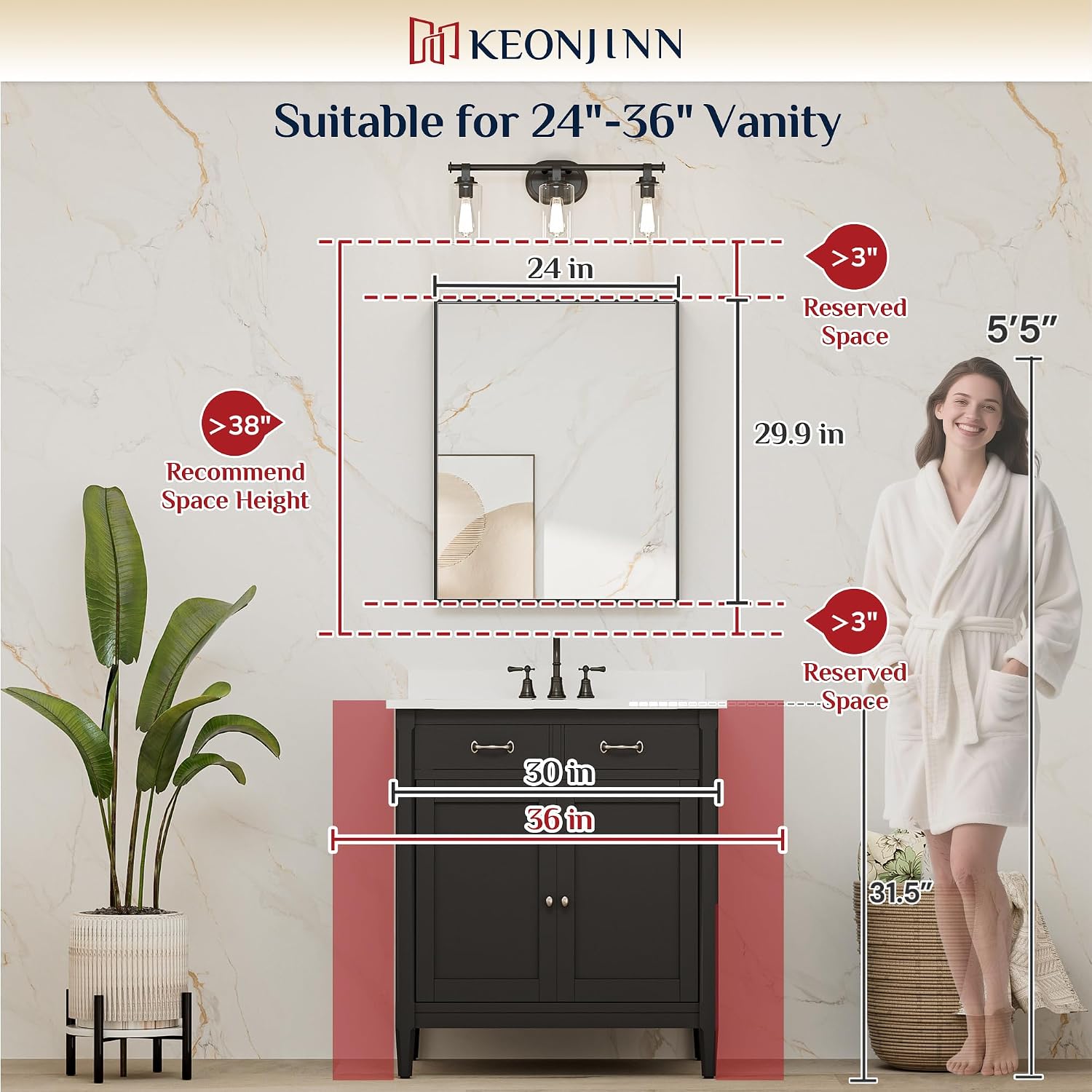 Keonjinn 24 x 30 in Black Bathroom Mirror, Black Brushed Framed Mirror for Over Sink, Rectangle Vanity Mirrors with Square Corner, Alumium Alloy Frame, Modern Farmhouse Style - Image 9